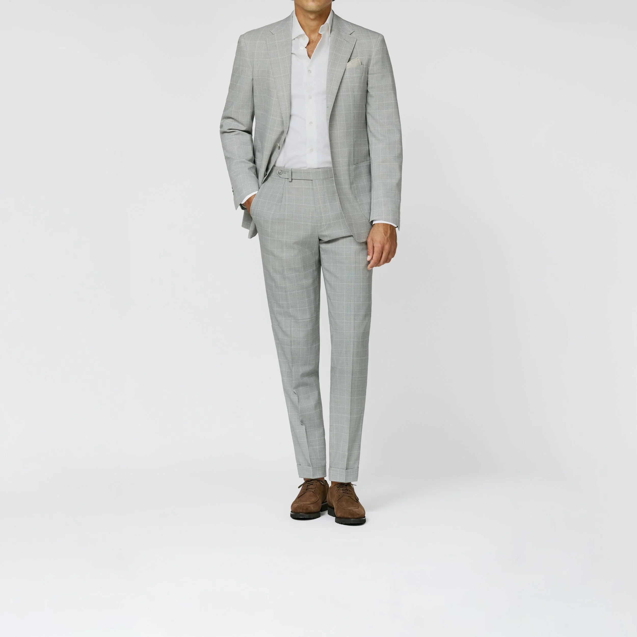 6064 Suit - l.grey-storm grey tropical natural stretch wool glencheck