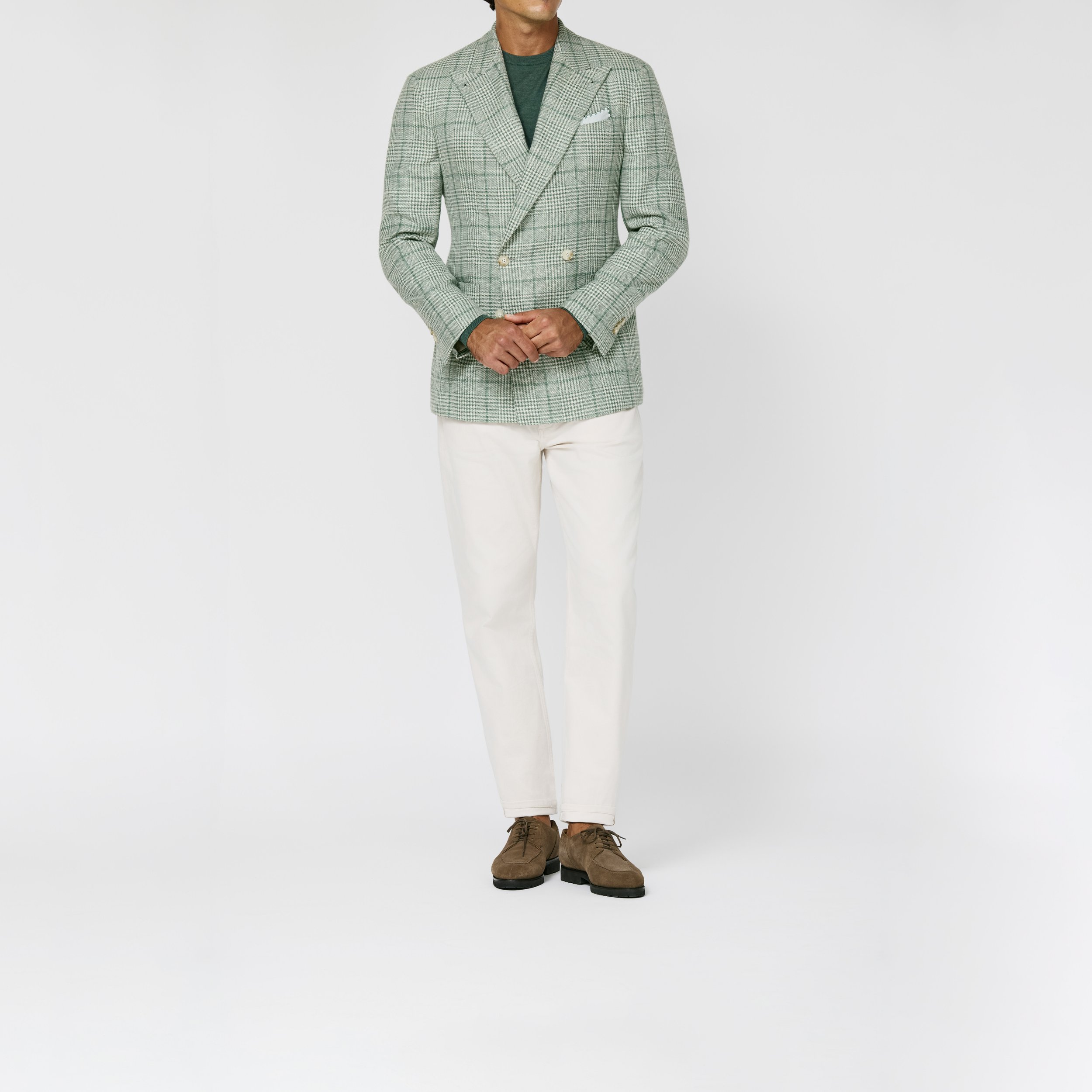 9194 Sport Coat - (LP - STE) bottle green-off-white wool-cotton-silk-linen glencheck