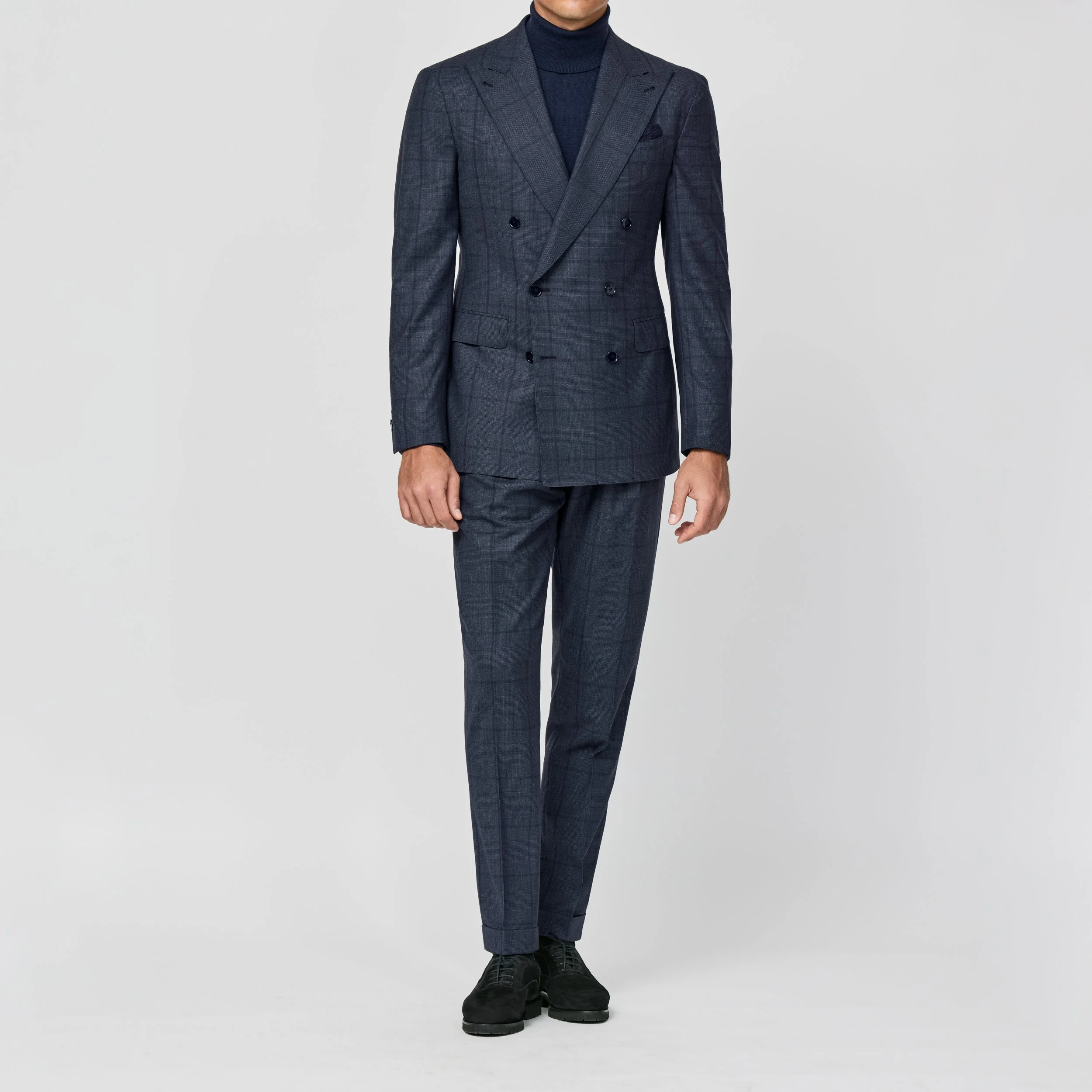 6051 Suit - D.Stone Blue Wool Glencheck with D.Brown Overcheck