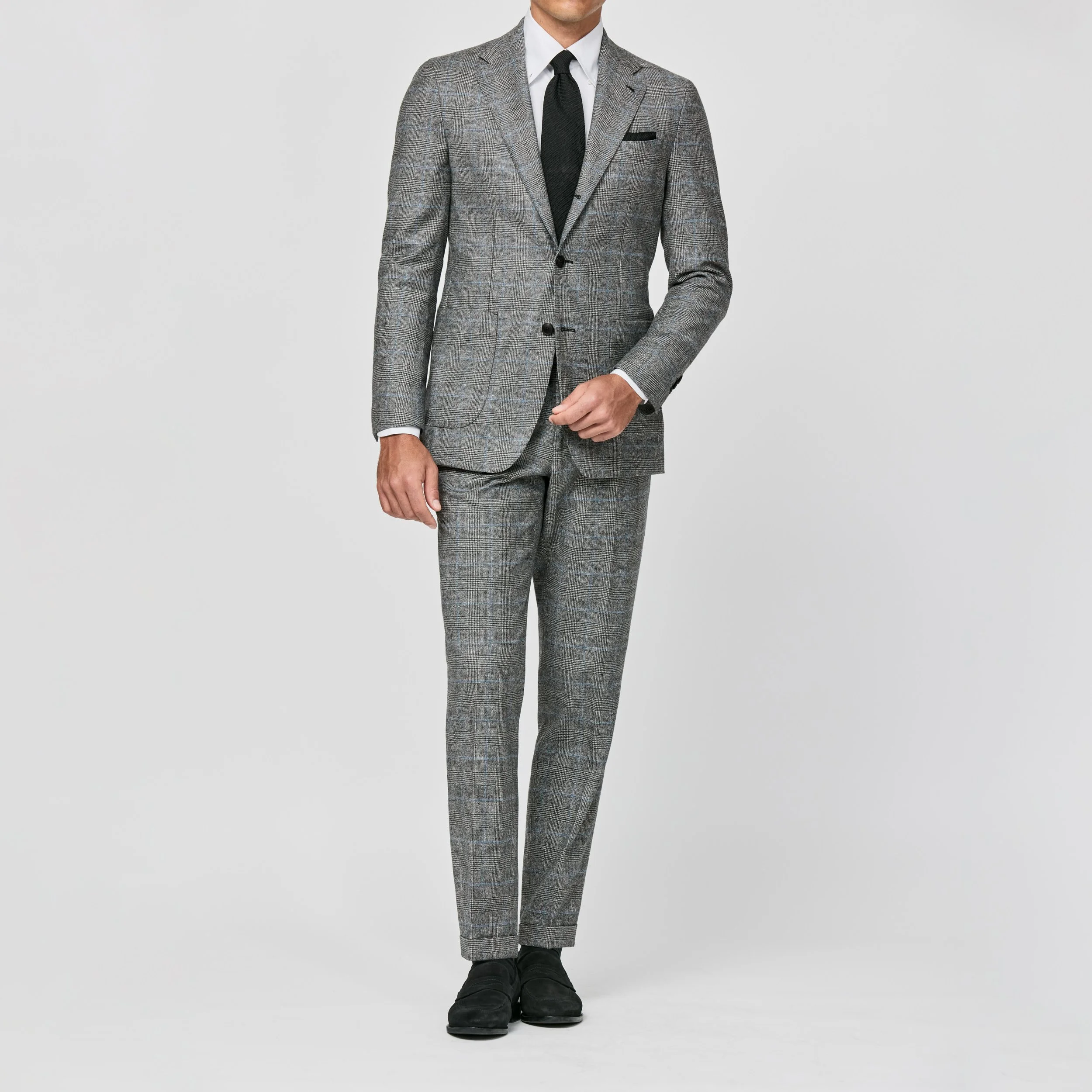 6028 Suit - Black-White Wool-Cashmere Glencheck with Cobalt Blue Windowpane