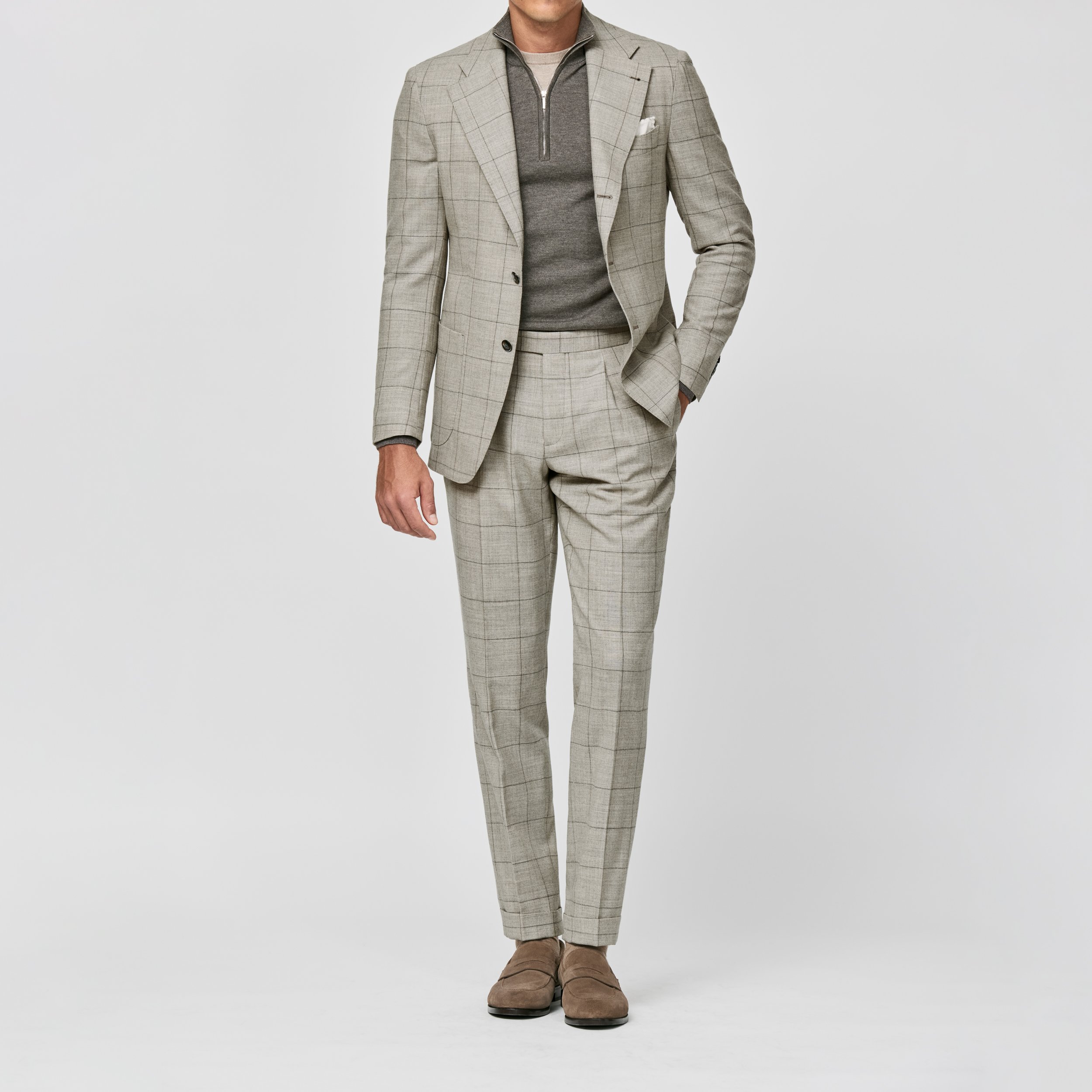 6015 Suit - Beige S130 Natural Bi-Stretch Wool Flannel with Brown Windowpane