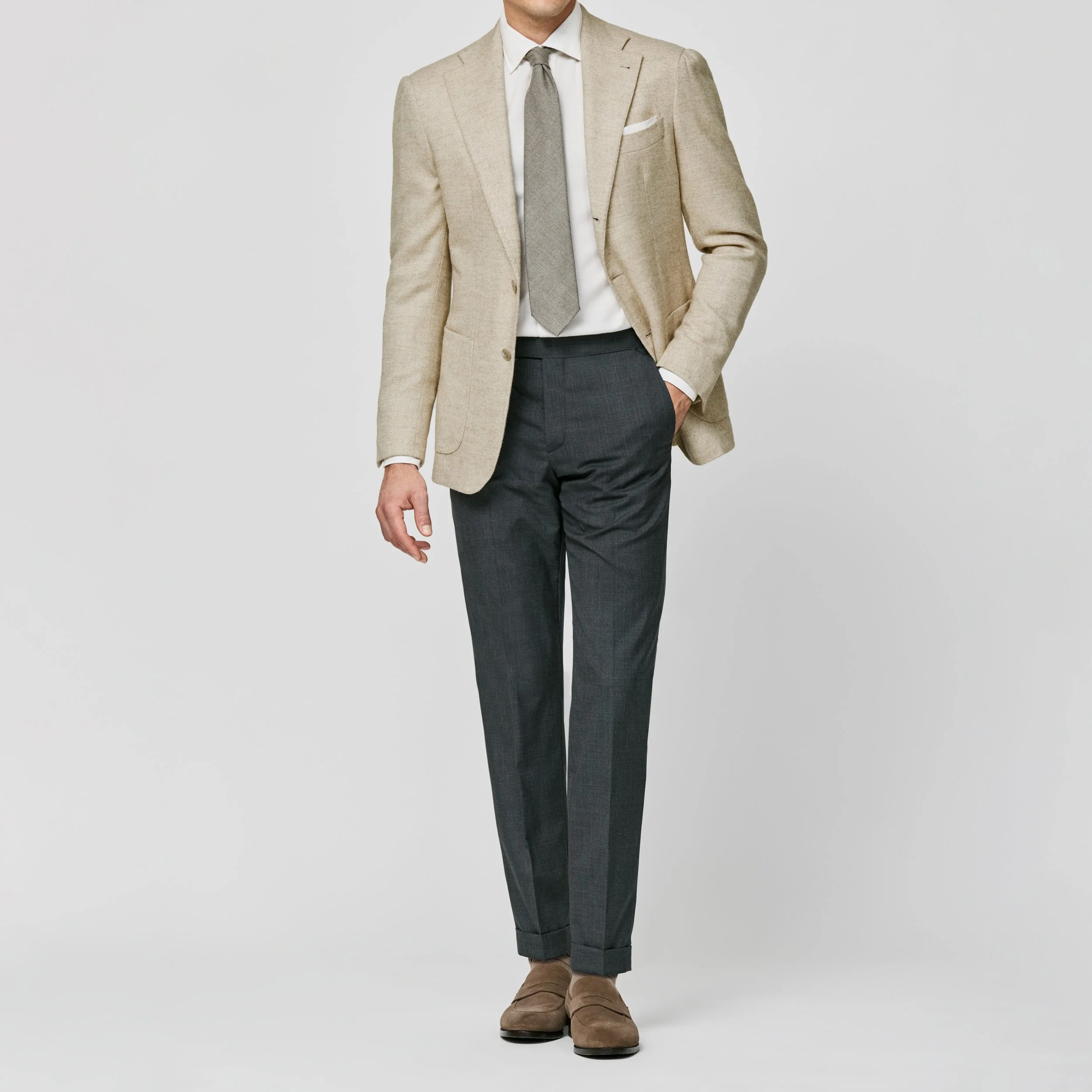 9143 Sport Coat - Ivory-Cream Wool-Alpaca Blend Herringbone