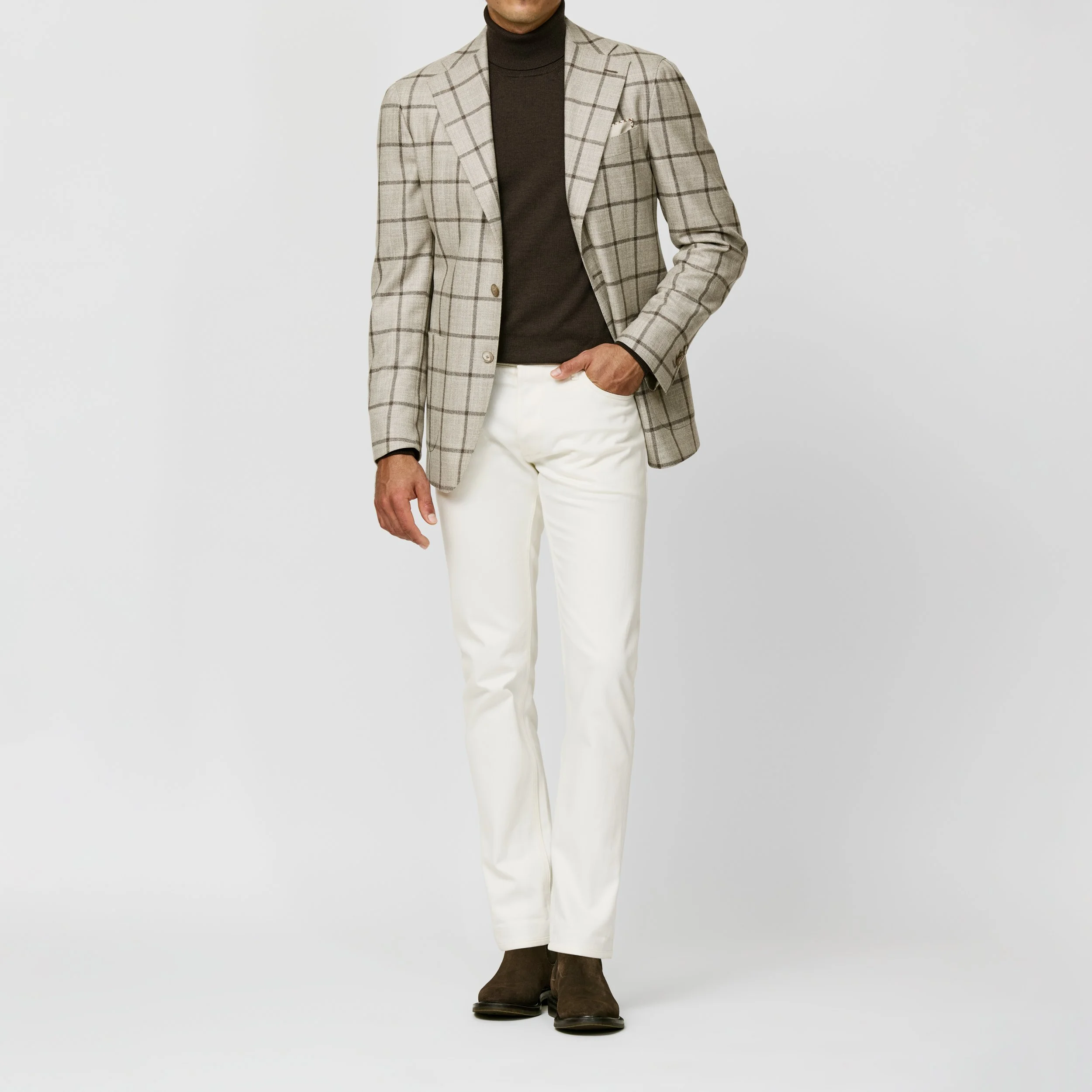 9148 Sport Coat - Bone Sharkskin Wool-Silk-Cashmere with D.Brown Windowpane