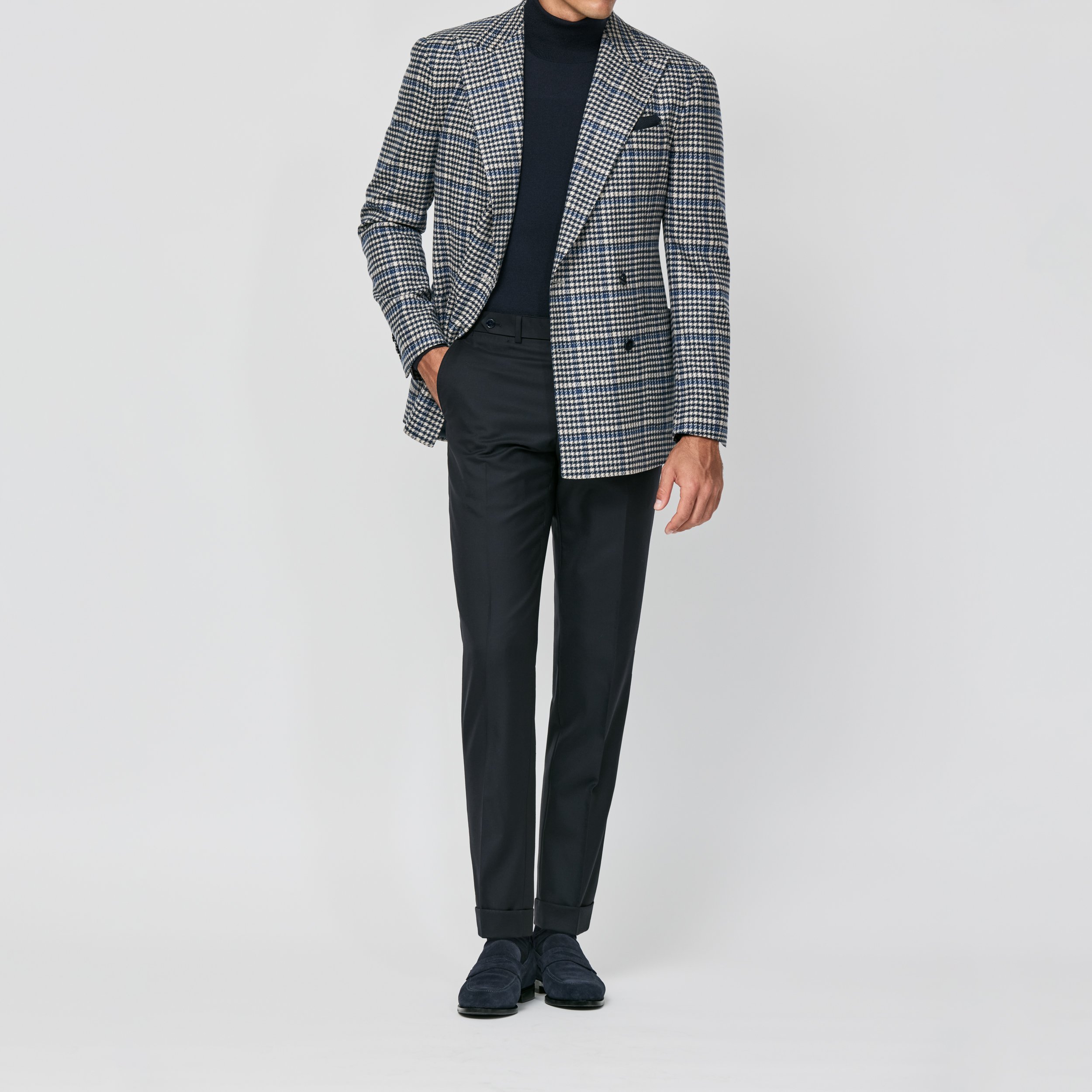 9165 Sport Coat - Navy-Sand Wool-Cashmere Houndstooth with Royal Blue Windowpane