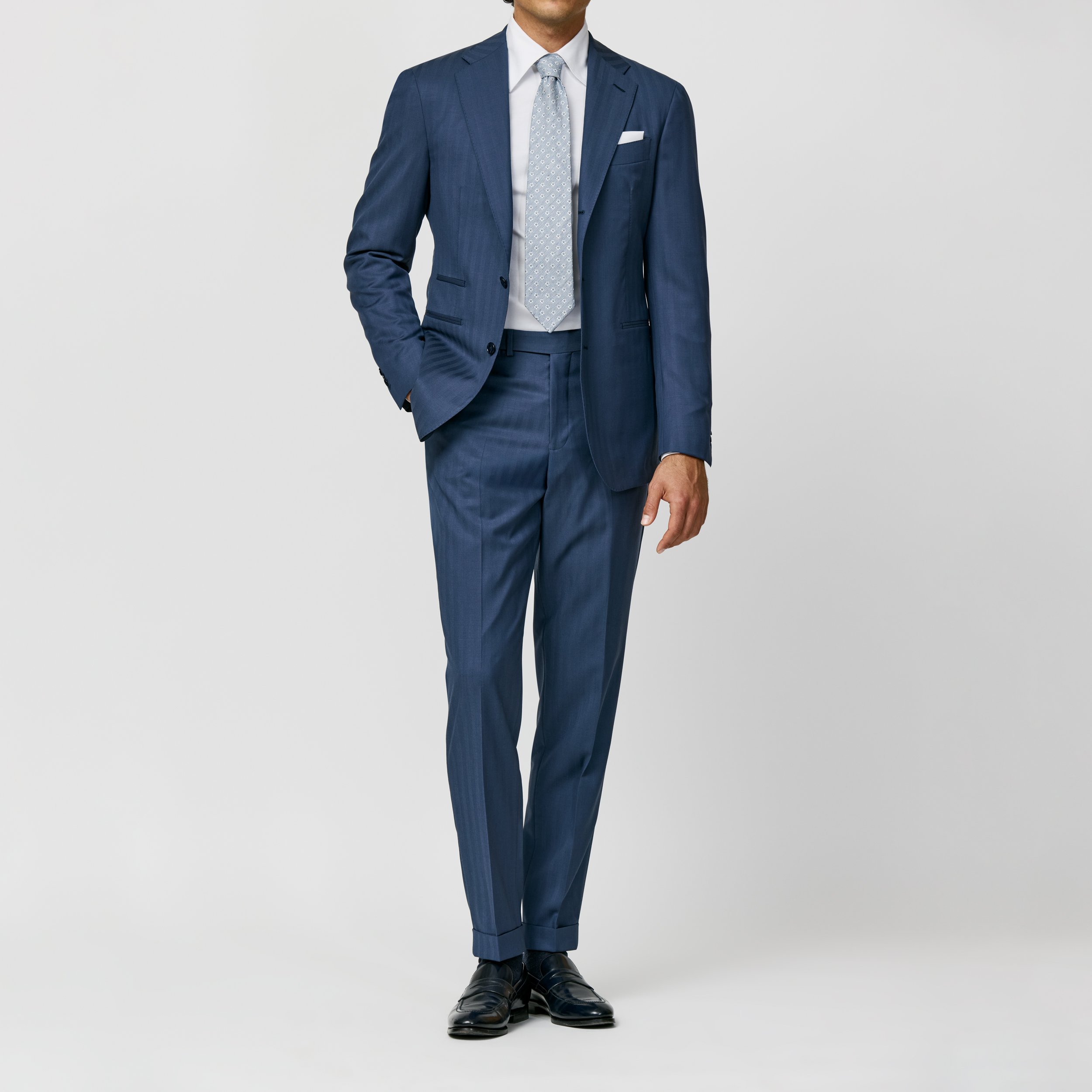 6048 Suit - Neapolitan Blue S130 Natural Bi-stretch Wool Solaro Herringbone