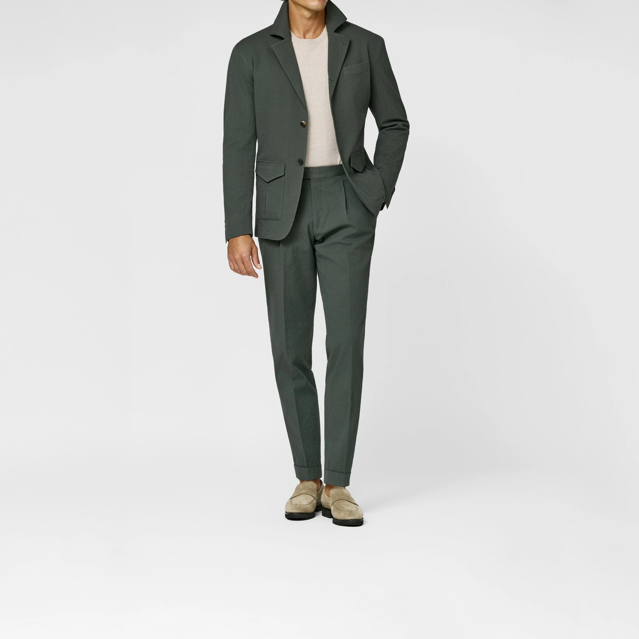 SEERS006 Suit - army green stretch cotton seersucker