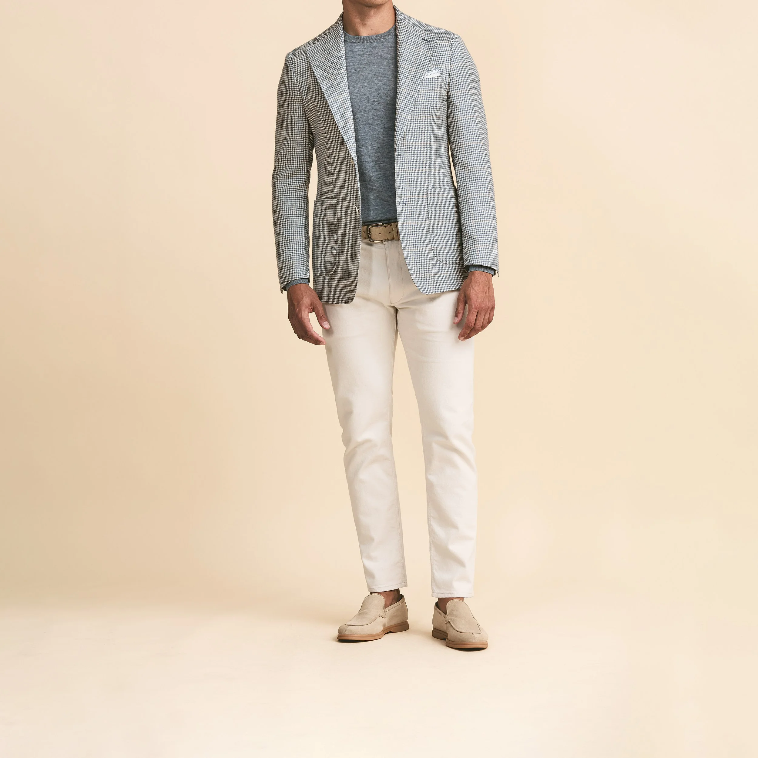 9124 Sport Coat - Storm Blue-Ivory Wool-Silk-Linen Houndstooth w/ Sand Windowpane