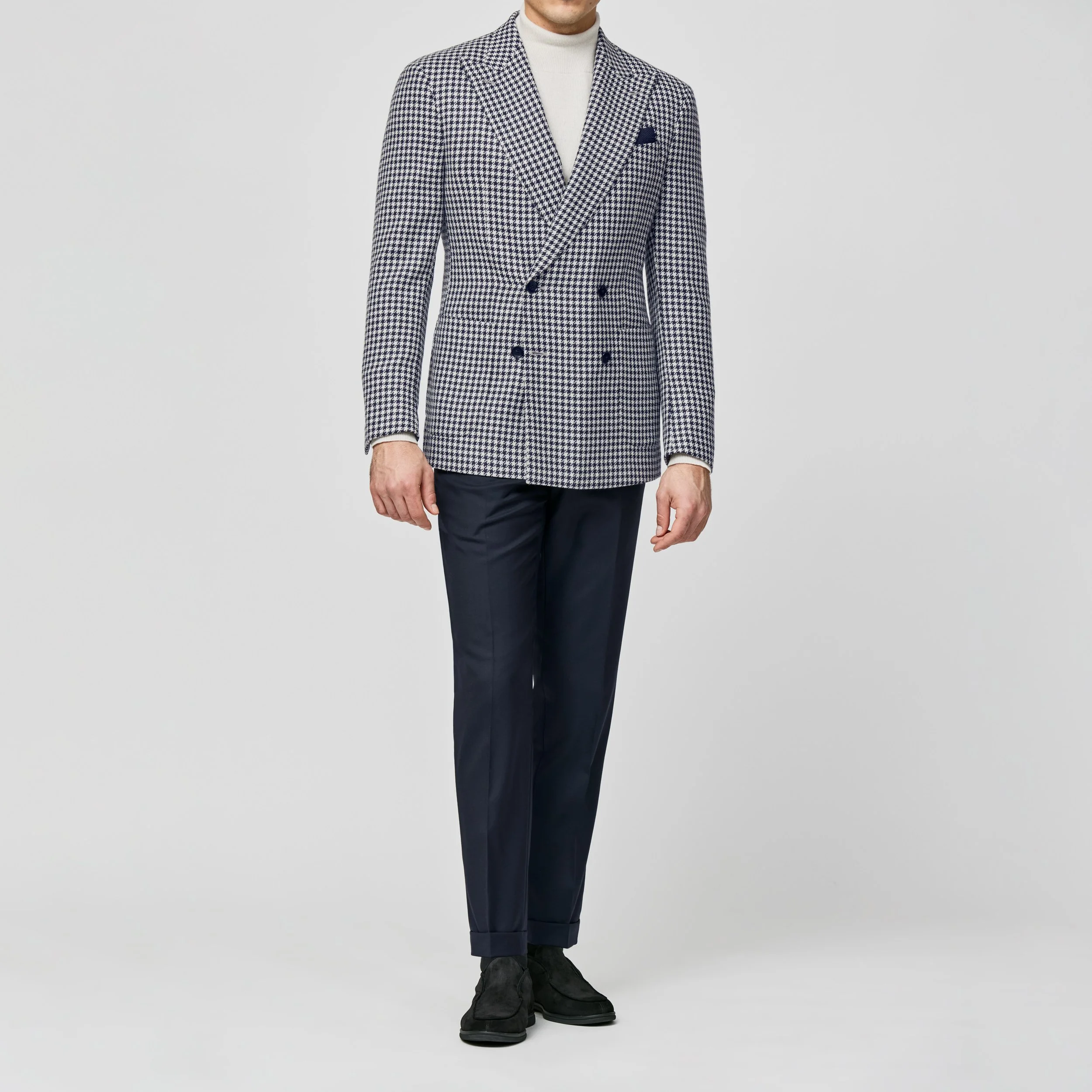 9164 Sport Coat - Midnight Blue-Off-White Wool-Alpaca-Silk Houndstooth