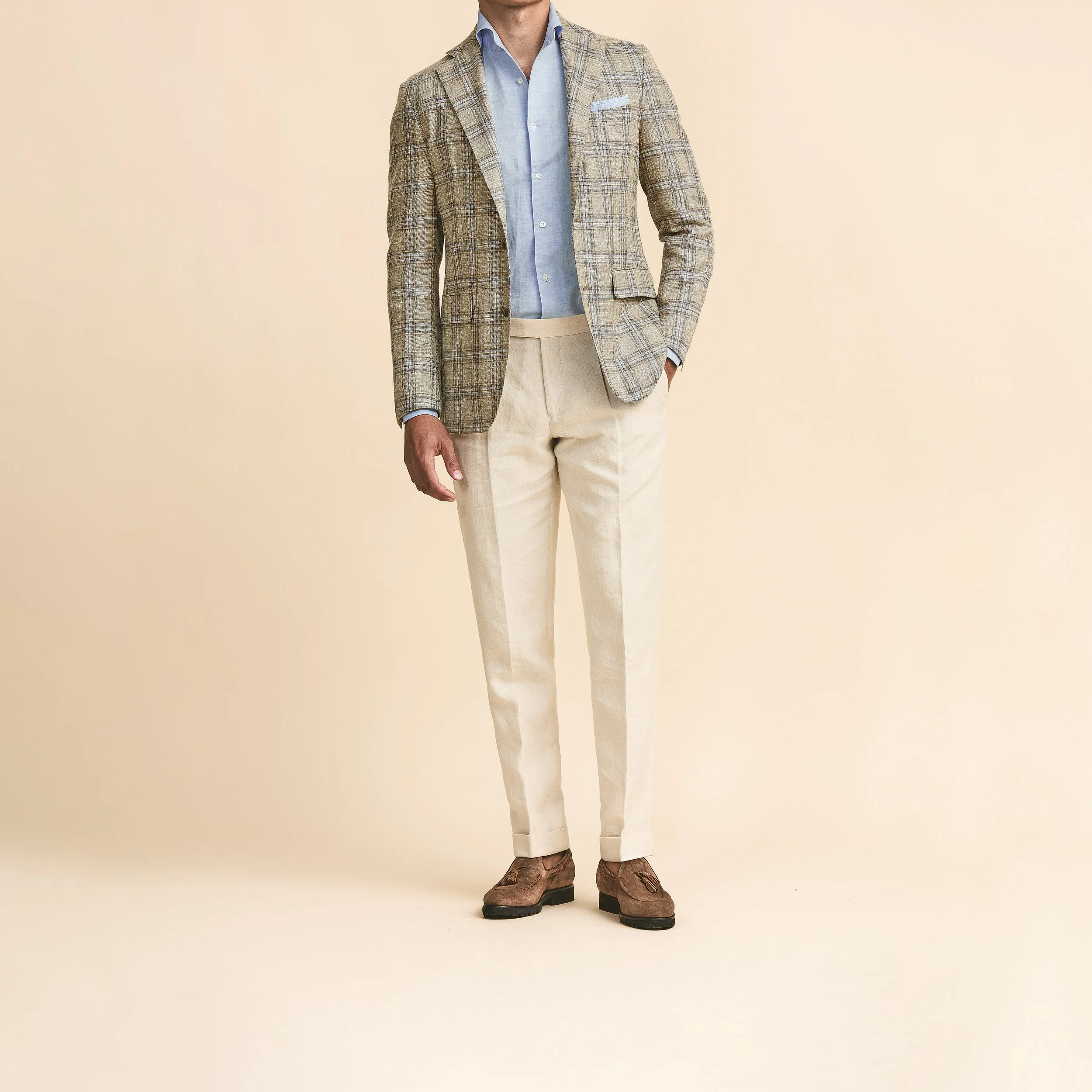 9101 Sport Coat - Taupe Wool-Silk-Linen Blend Check w/ L.Blue Overcheck