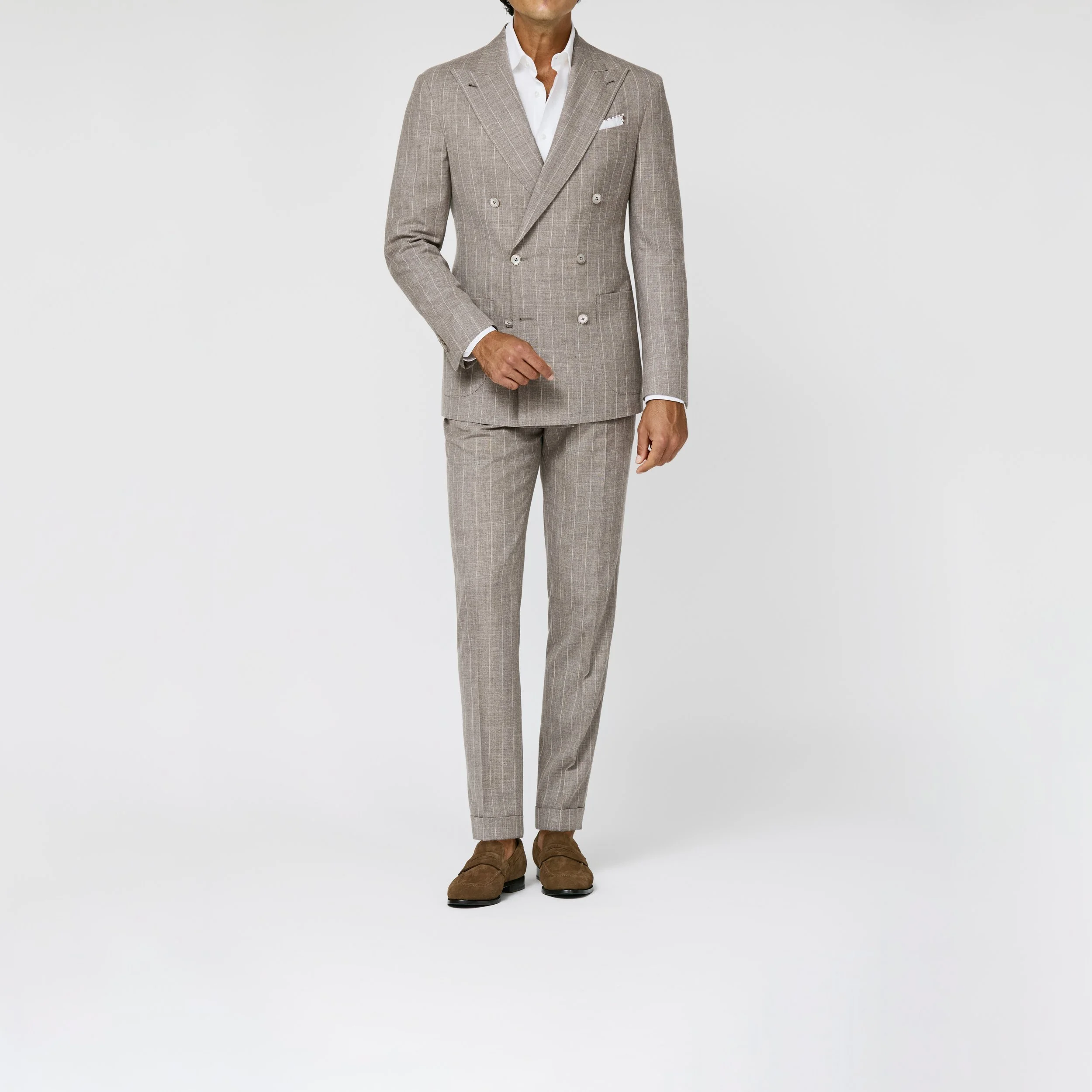 6059 Suit - (LP - PN) l.taupe wool-silk-linen plain weave with ivory pencil stripes