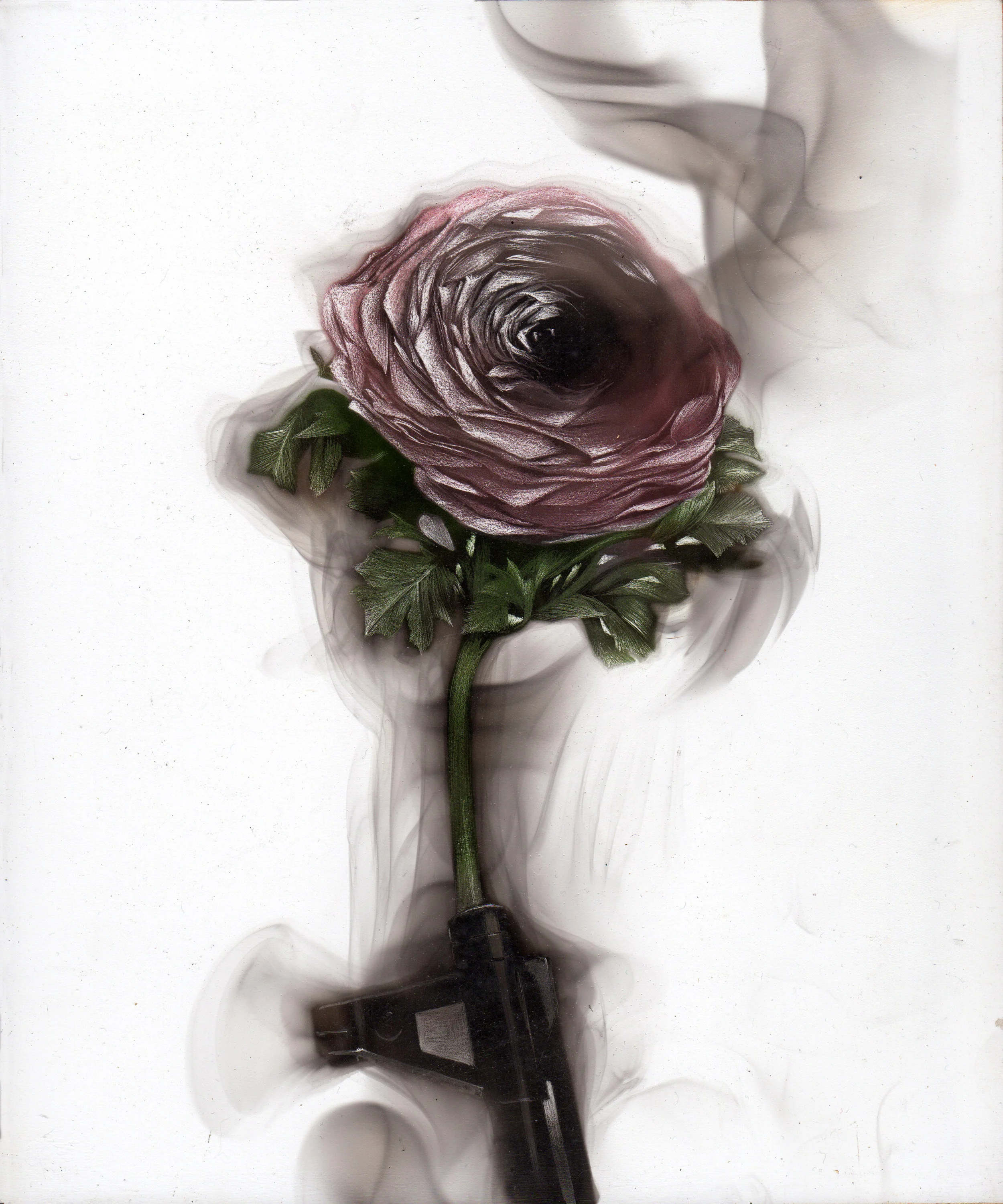 Muzzle in Bloom, 2018 Fumage and acrylic on panel 12h x 10w in