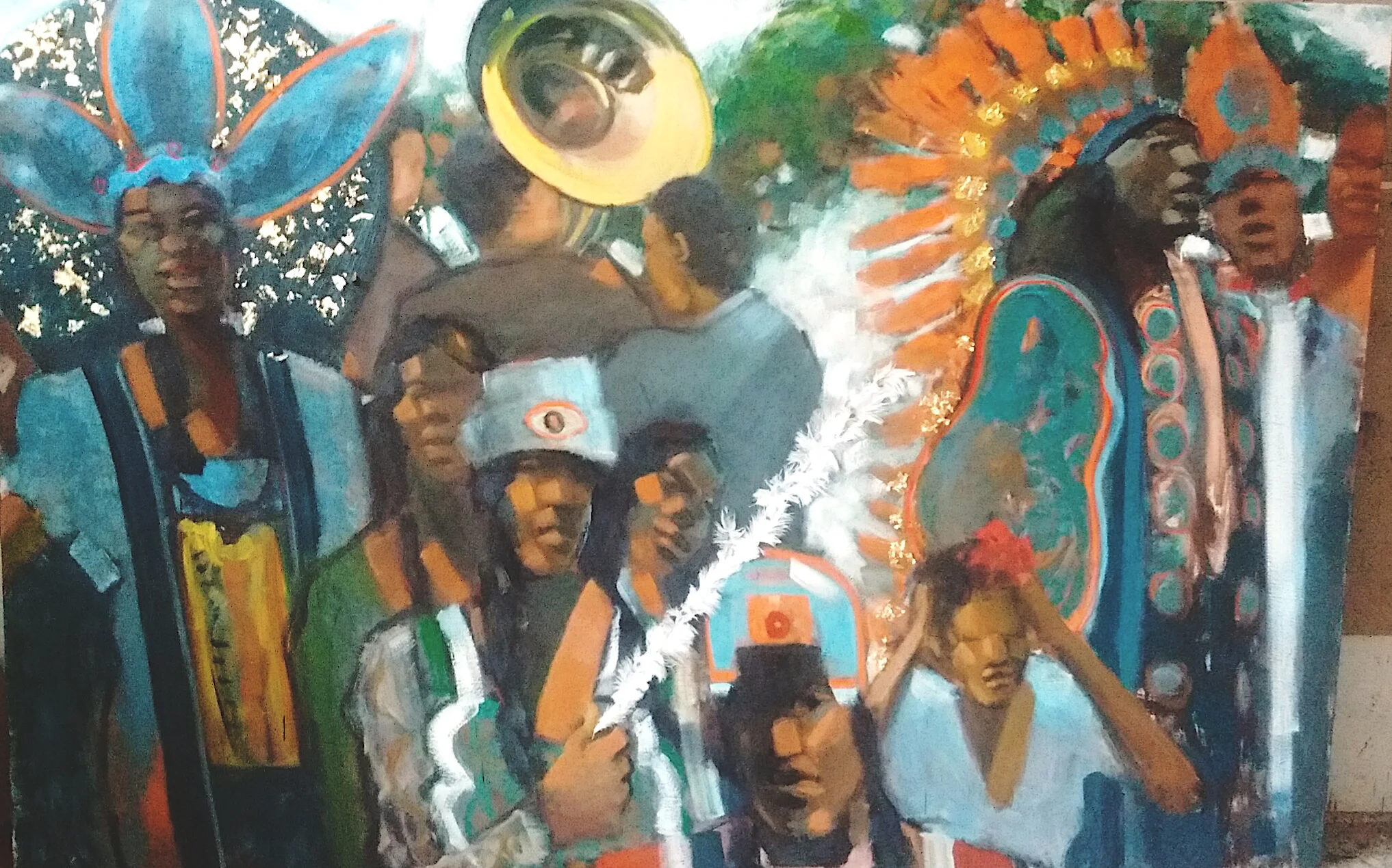 On Parade , 2019 Oil, gold leaf, and ostrich feathers on canvas 72 x 108 inches
