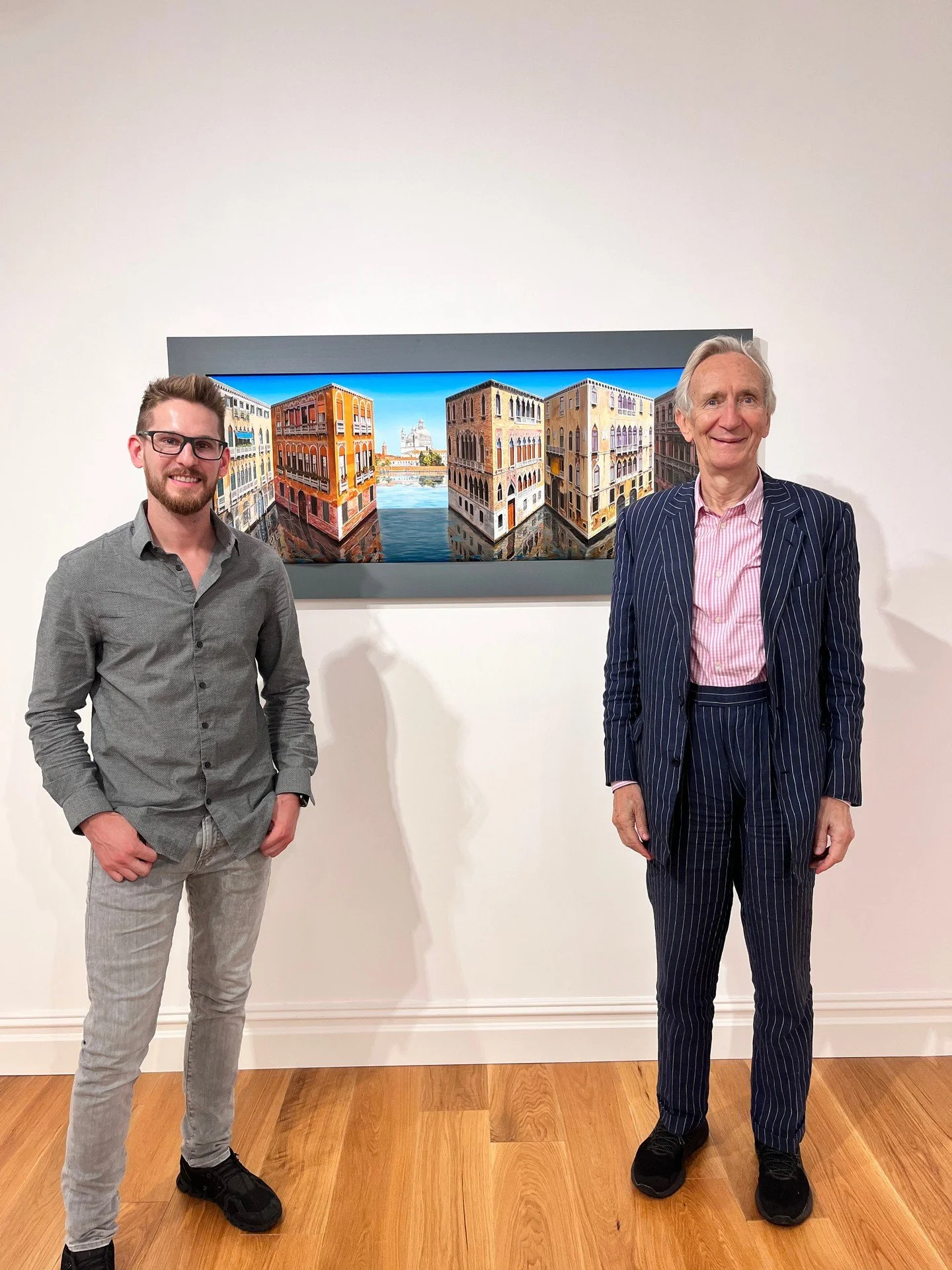 Swipe for a surprise 😝 Happy birthday to @patrickhughesartist 🥳🧁 An artist who never ceases to amaze us, and who we are so proud to work with! Pictured with Adam in 2022 at the opening of our show in New York!⁠
⁠
#patrickhughes #contemporaryartist