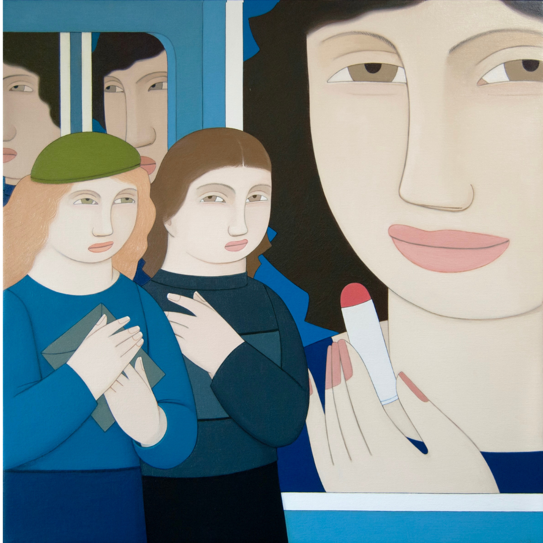 Two Women Walking by an Advertisement