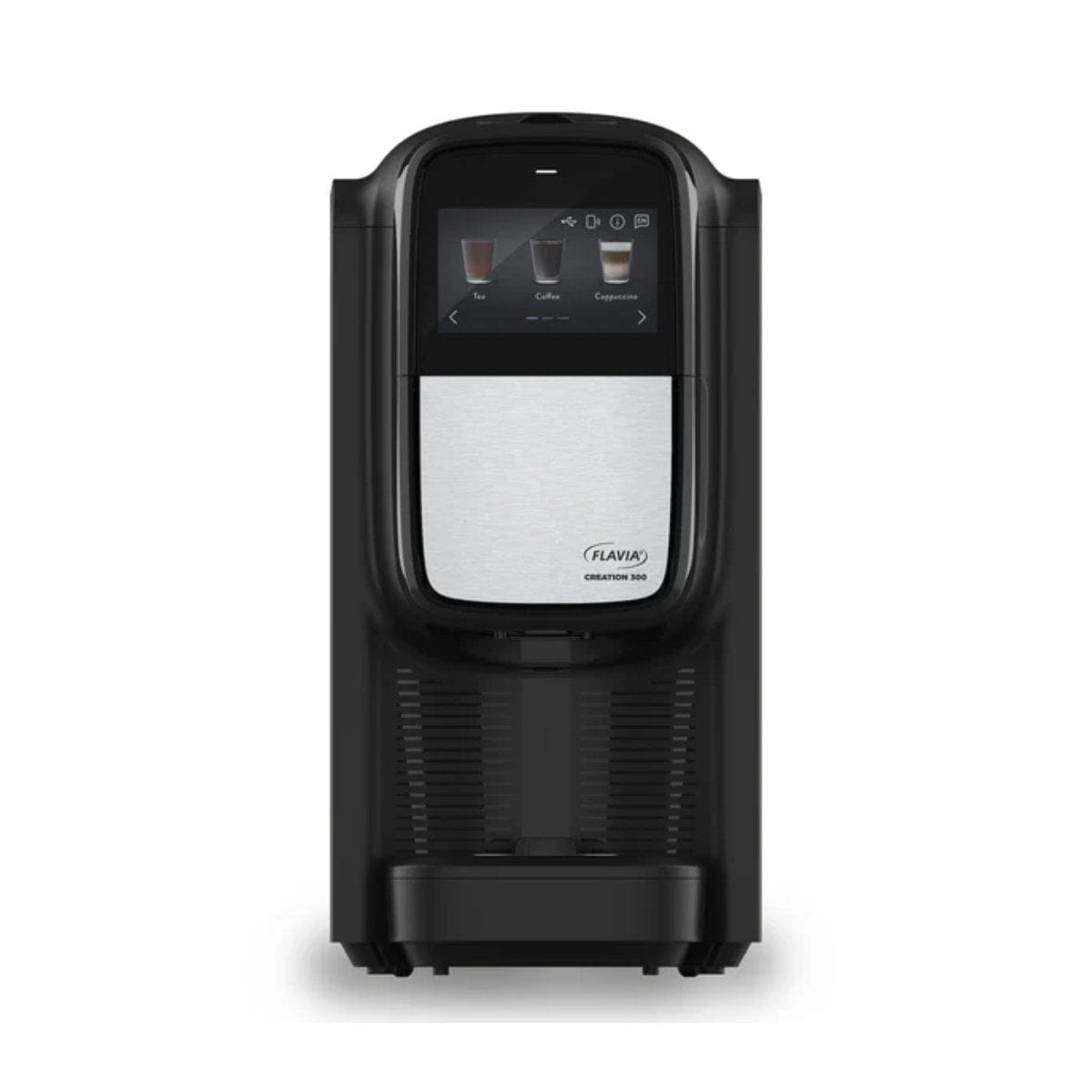 Flavia Creation 300 brewer with compact black design and touchscreen display, shown as a space-saving hot beverage machine for small offices.