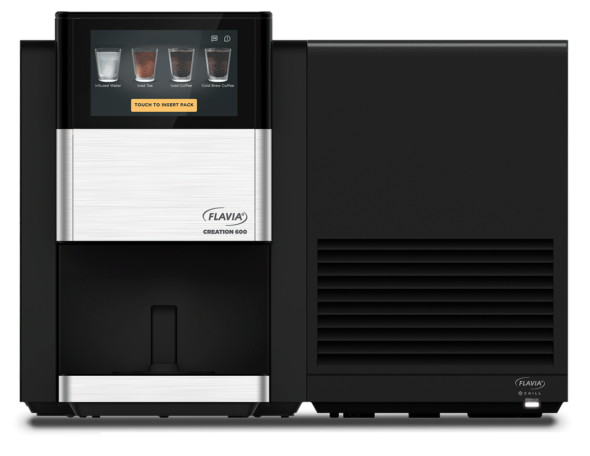 Flavia Creation 600 brewer displayed beside the optional Chill Module, showing the unified setup for hot and cold office beverages.