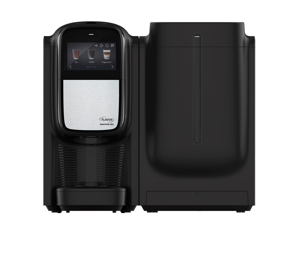 Flavia Chill Refresh module attached beside the Creation 300 brewer, displaying the compact cooling unit for iced and cold specialty beverages.