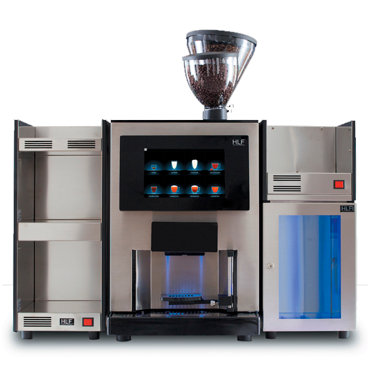 HLF 3700 commercial espresso machine with dual grinders, powder hoppers, and front touchscreen interface.