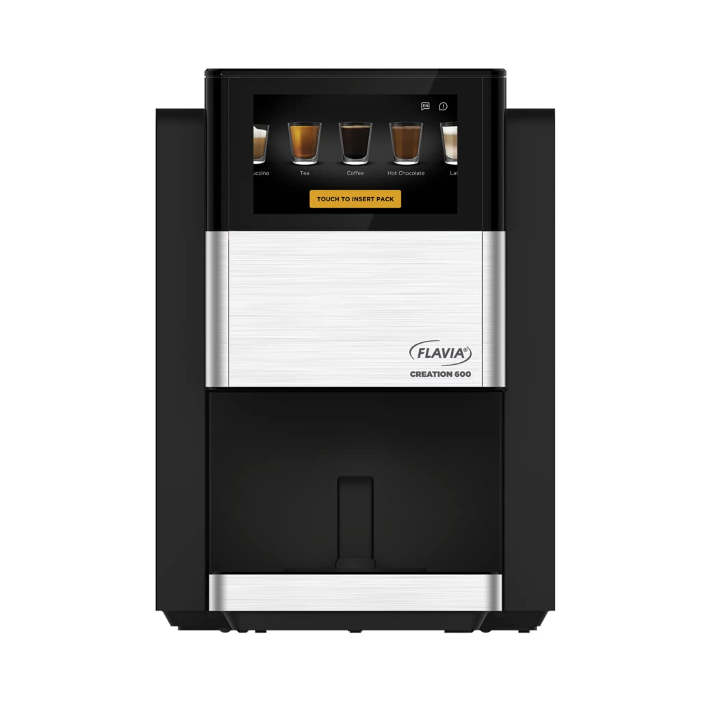 Flavia Creation 600 brewer with touchscreen and multi-drink dispenser, shown in sleek black and silver design for office beverage service.