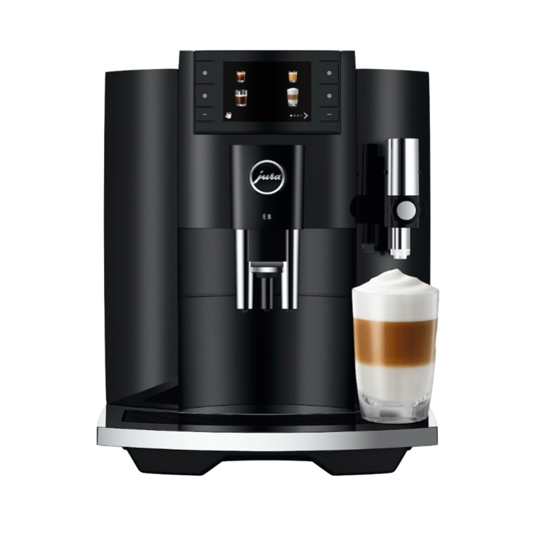 Jura E8 espresso machine in piano black finish, featuring a sleek modern design with integrated milk frother and color display.