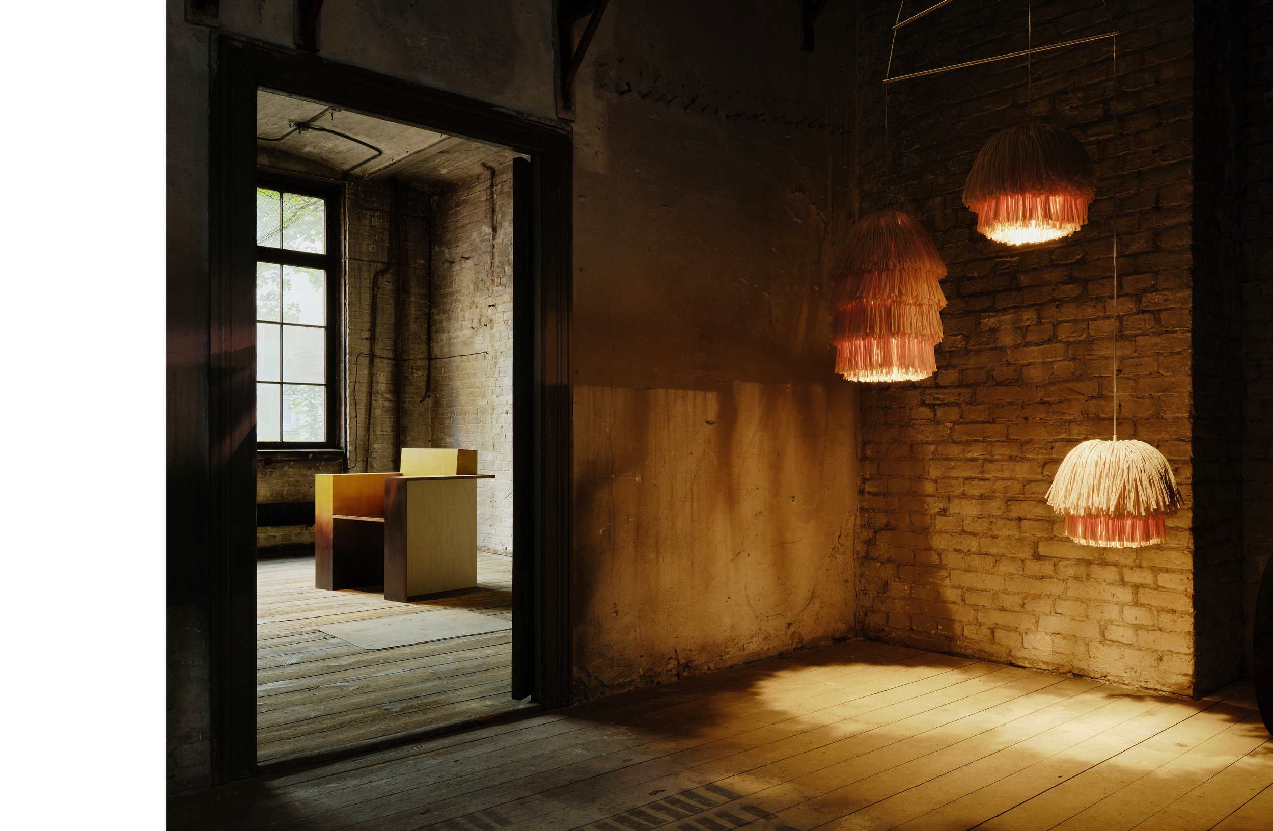 Furniture and lighting installation at the llot llov exhibition, Jalousiefabrik Berlin – photography by Christoph Musiol