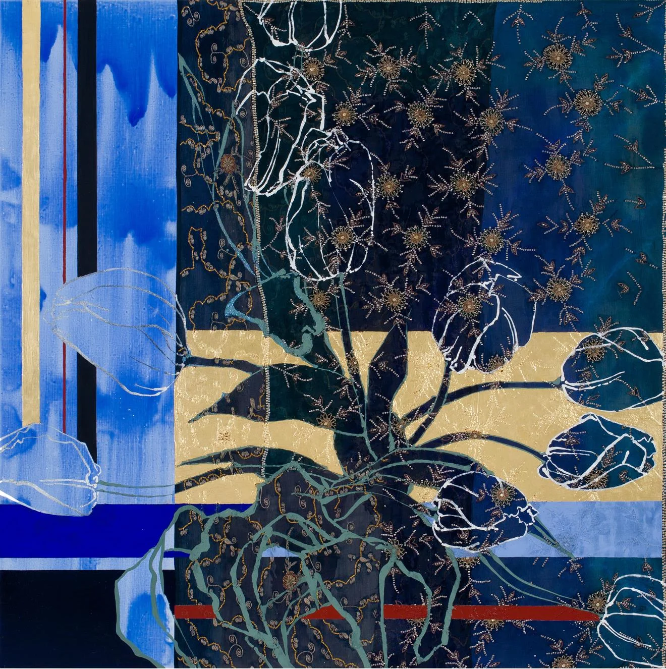 Robert Kushner, NA, A Visit to Delft - Blue and White , 2018. Oil, acrylic, gold leaf, silk, embroidery, sequins, and rhinestones on canas, 72 x 72 in.