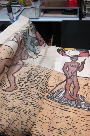 Alison Saar, “Stanch” (2017) (left) and “Breach” (2017) (right), woodcut on vintage seed sacks