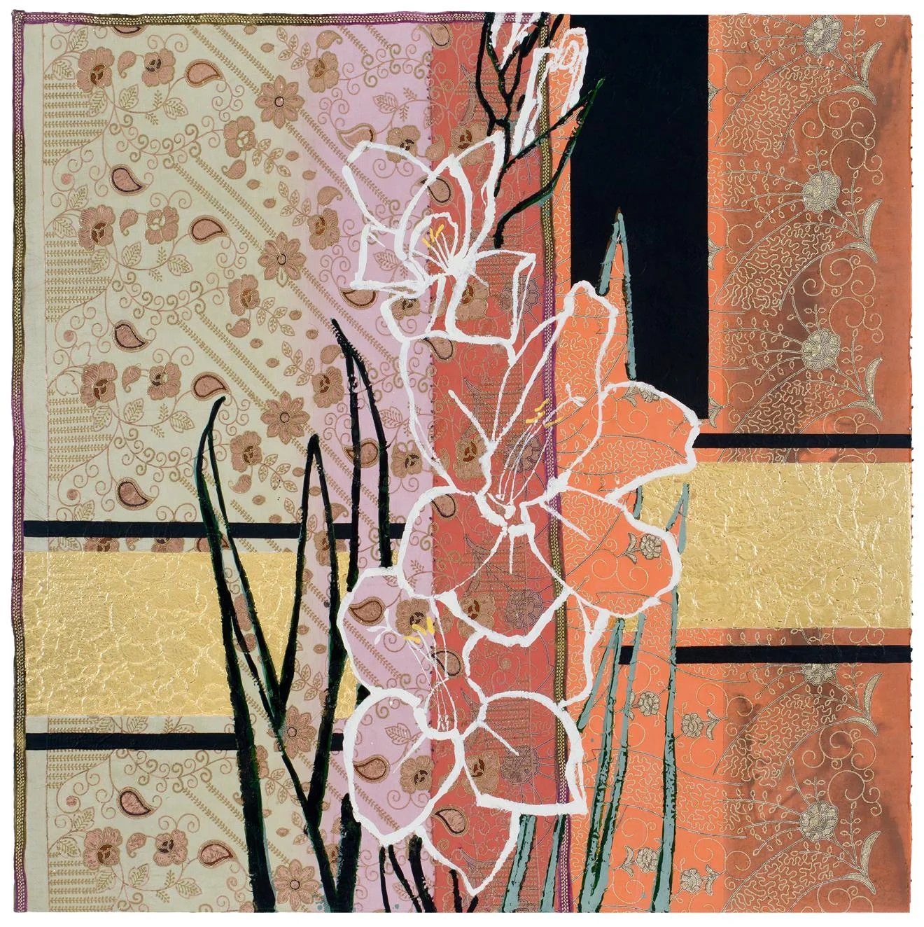 Robert Kushner, NA, White Gladiolus - Rainbow Sherbert , 2017. Oil, acrylic, gold leaf, silk, embroidery, and sequins on canvas, 72 x 72 in.