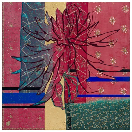 Robert Kushner, Large Red Dahlia , 2017, oil, acrylic, gold leaf, silk, embroidery, and sequins on canvas, 72 x 72".
