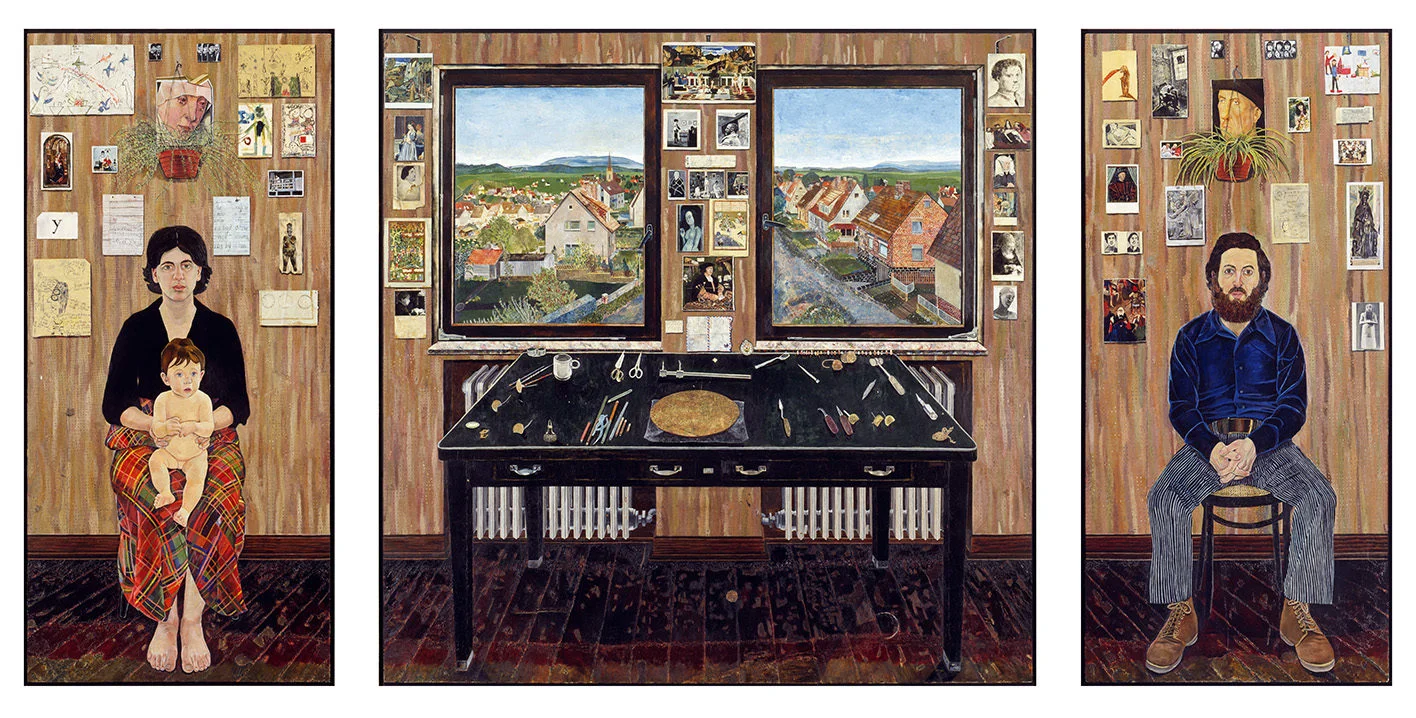 Simon Dinnerstein, NA, The Fulbright Triptych , 1971–74, oil on wood panels, 79 ½ x 168 in., framed and separated. Click to enlarge. COLLECTION OF THE PALMER MUSEUM OF ART, PENNSYLVANIA STATE UNIVERSITY