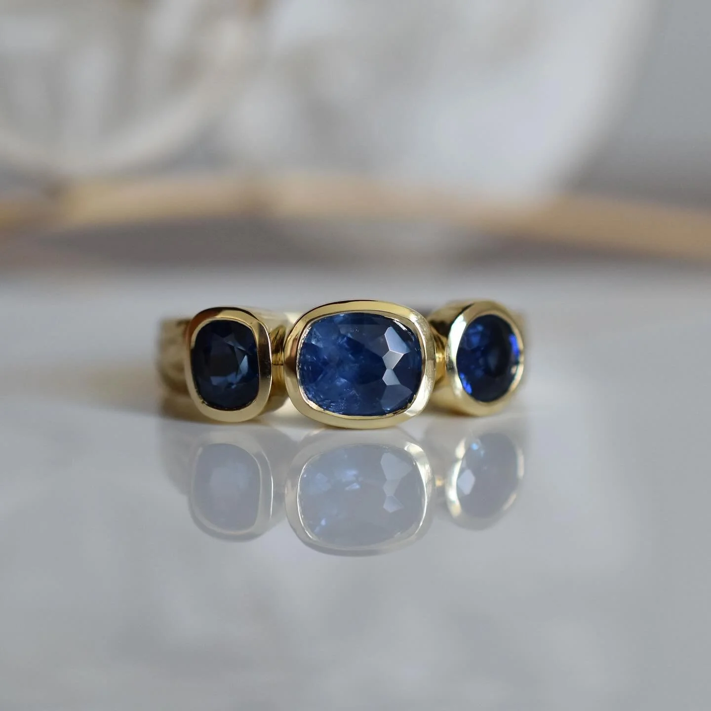 Bought these beautiful sapphires in Tucson. They were all pulled from vintage and antique jewellery. They don&rsquo;t match, but I think that&rsquo;s what makes it interesting. Set in 18k gold 💛 she available and I&rsquo;m working to get her online.