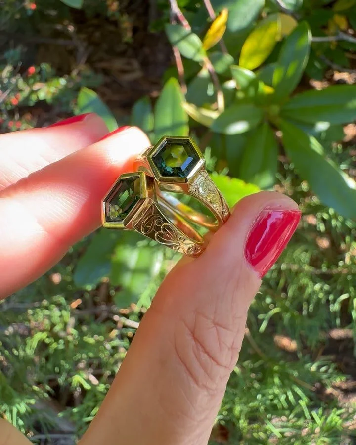 I&rsquo;ve got two Wrens in stock looking for their forever home 💛 Both Australian origin sapphires set in 18k gold. I decided to switch up the engraving on the one to classic scroll design. I had a client request it and I just loved how she looked.