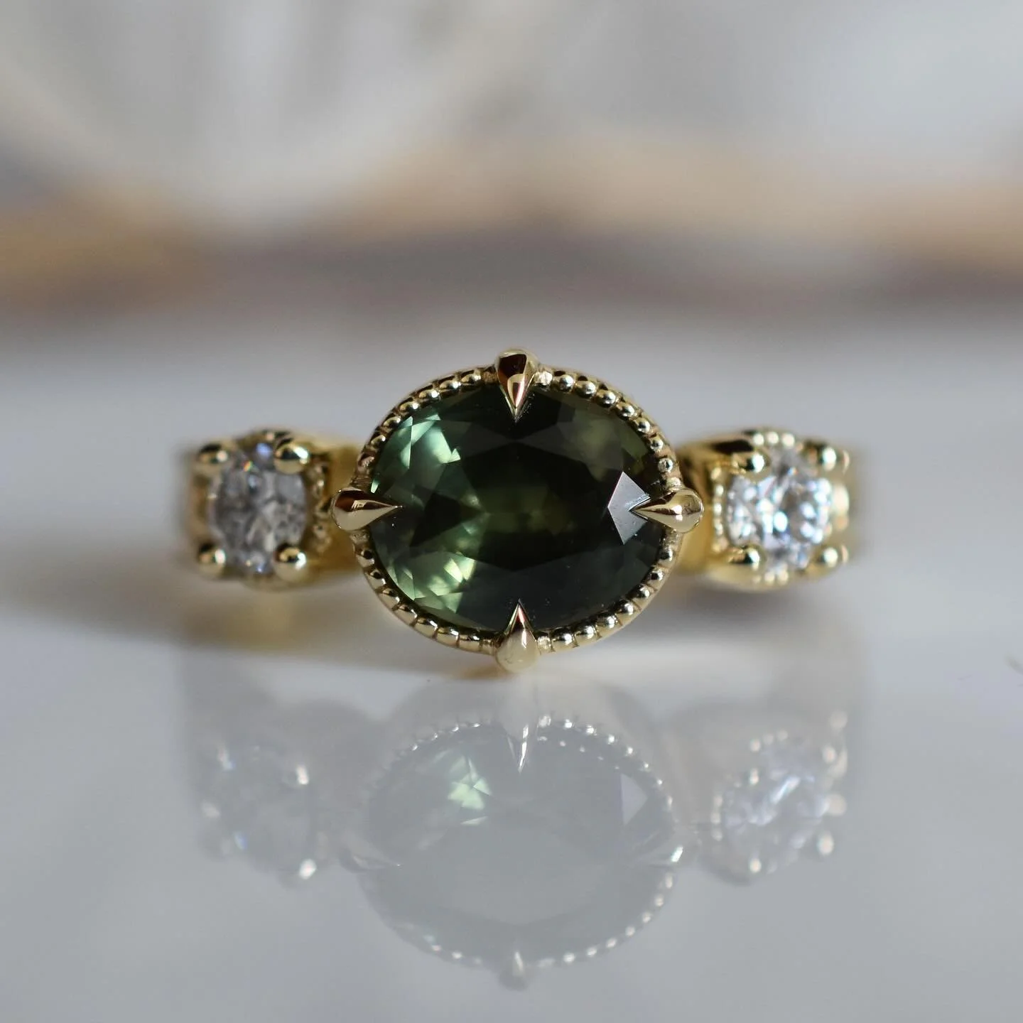 Florence ✨✨she&rsquo;s one of three new antique inspired engagement rings I&rsquo;ve created. Made with 18k gold, a 1.86ct Australian origin green sapphire and diamonds. 
Coming to my website very soon 💛 until then, please dm for pricing 
.
.
.
#ant