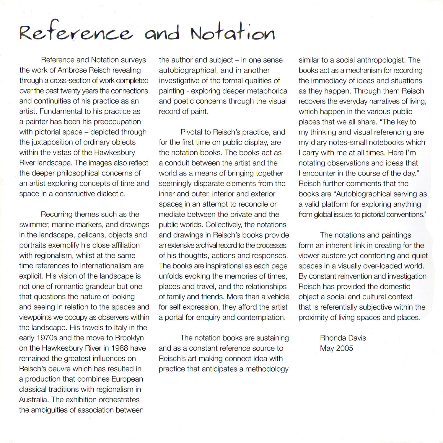 Reference and Notation Exhibition Catalogue Macquarie University Gallery - May 2005