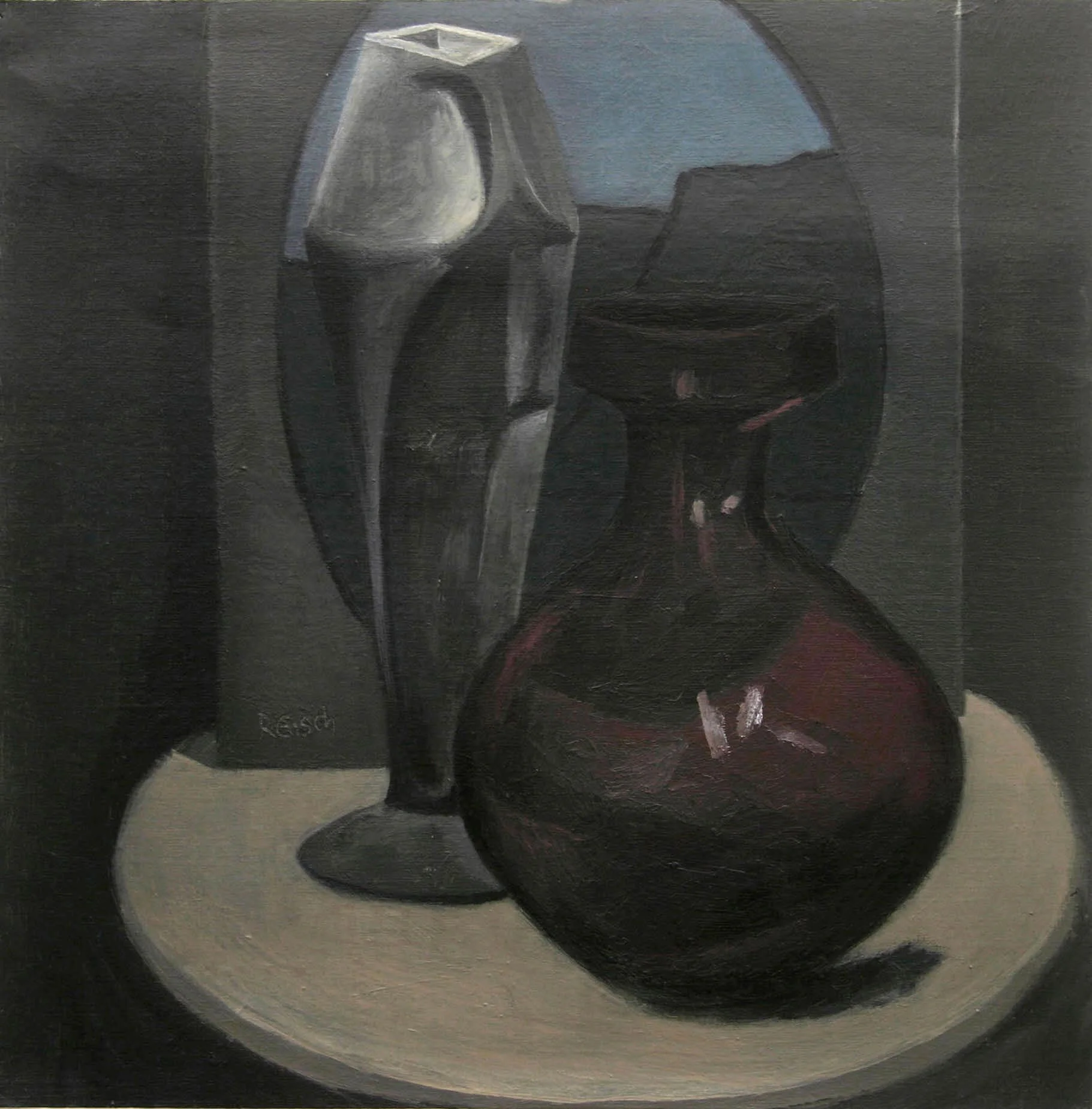 Still life with oval landscape- oil on primed paper 30x30cm