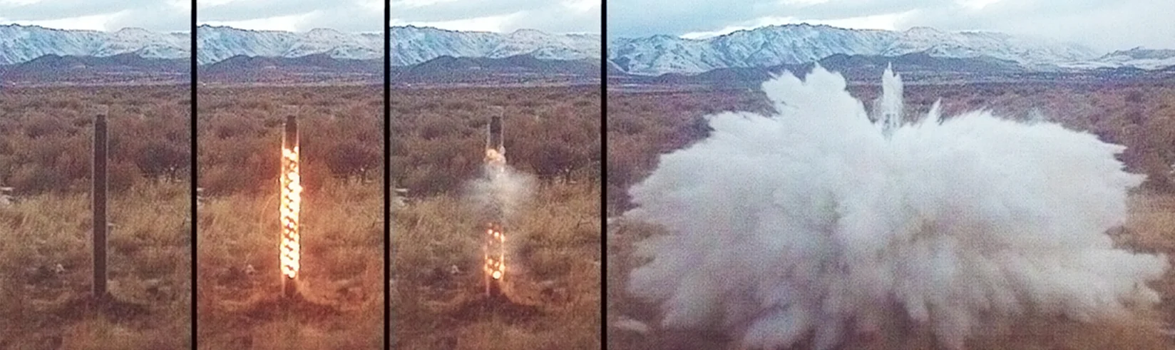 (From left to right) One meter propellant tool loaded into plastic tube filled with water; propellant ignition along entire length; plastic tube rupture; full propellant combustion