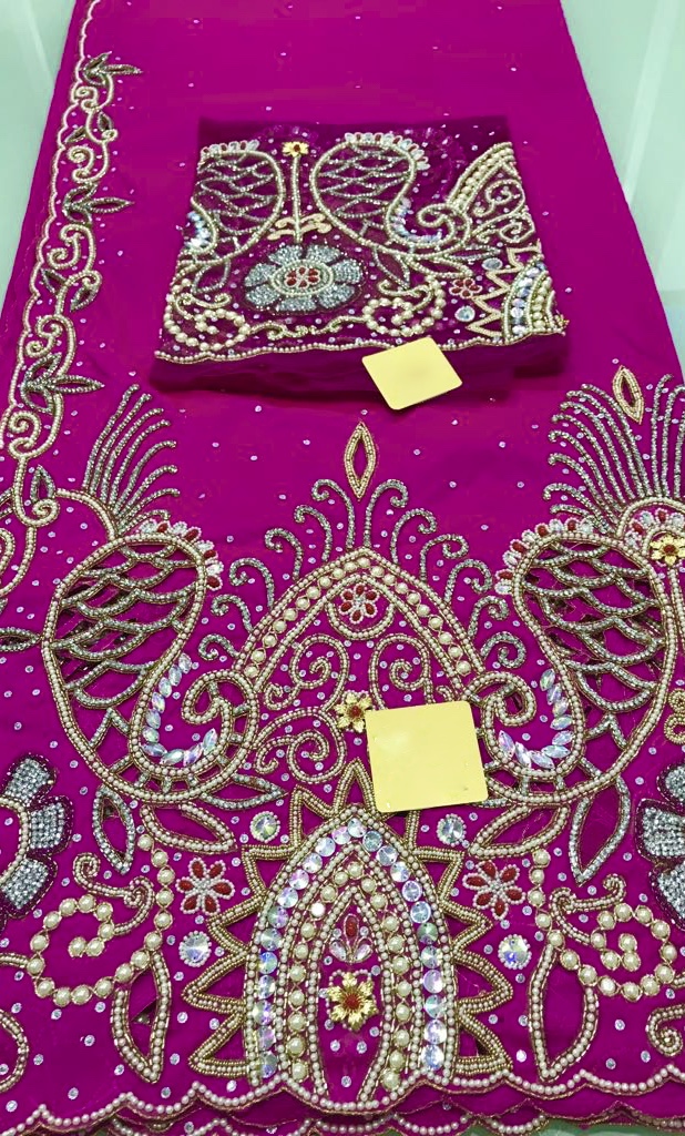Fuschia Pink Beaded Raw Silk Material — Nels Fashions