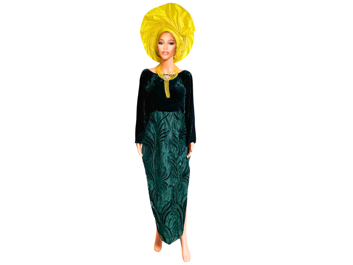 EMERALD LEAF EMBROIDERED VELVET GOWN