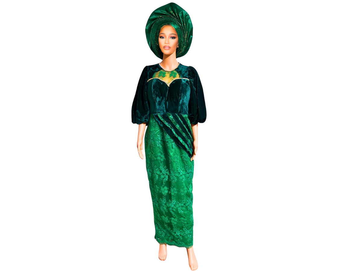 EMERALD LACE AND VELVET PUFF SLEEVE GOWN