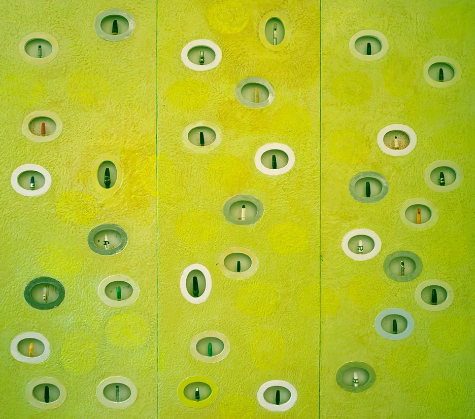 Over the Neck into the Barrel, 2001 encaustic, phosphorescent paint clarinet & saxophone mouthpieces 108x120 inches