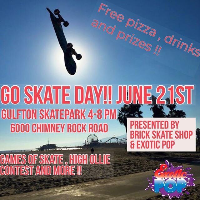 This Sunday!! Go skate day at gulfton park 4-8pm!! Free pizza and beverages provided by @brickskateshop and @exoticpop @exoticpop_hou !! Games of skate , high ollie contest and more!! Repost this flyer and tag both @brickskateshop and @exoticpop_hou 