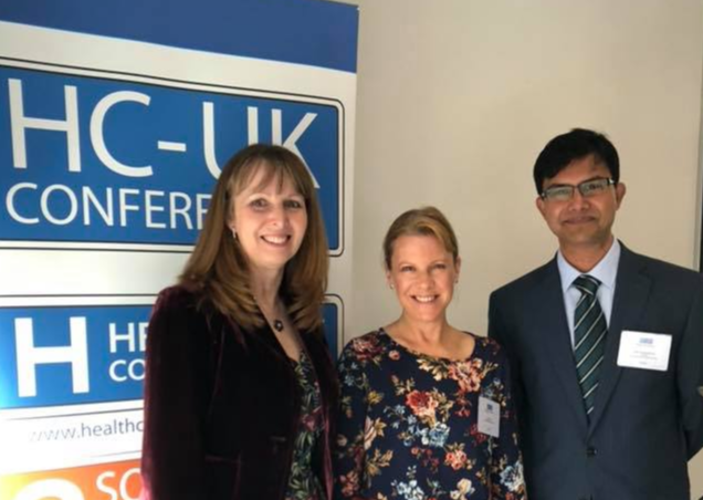 At the Perinatal Mental Health Summit, London in 2018 with perinatal mental health advocate Elaine Hanzak and obstetrician Dr. Raja Gangopadhyay.
