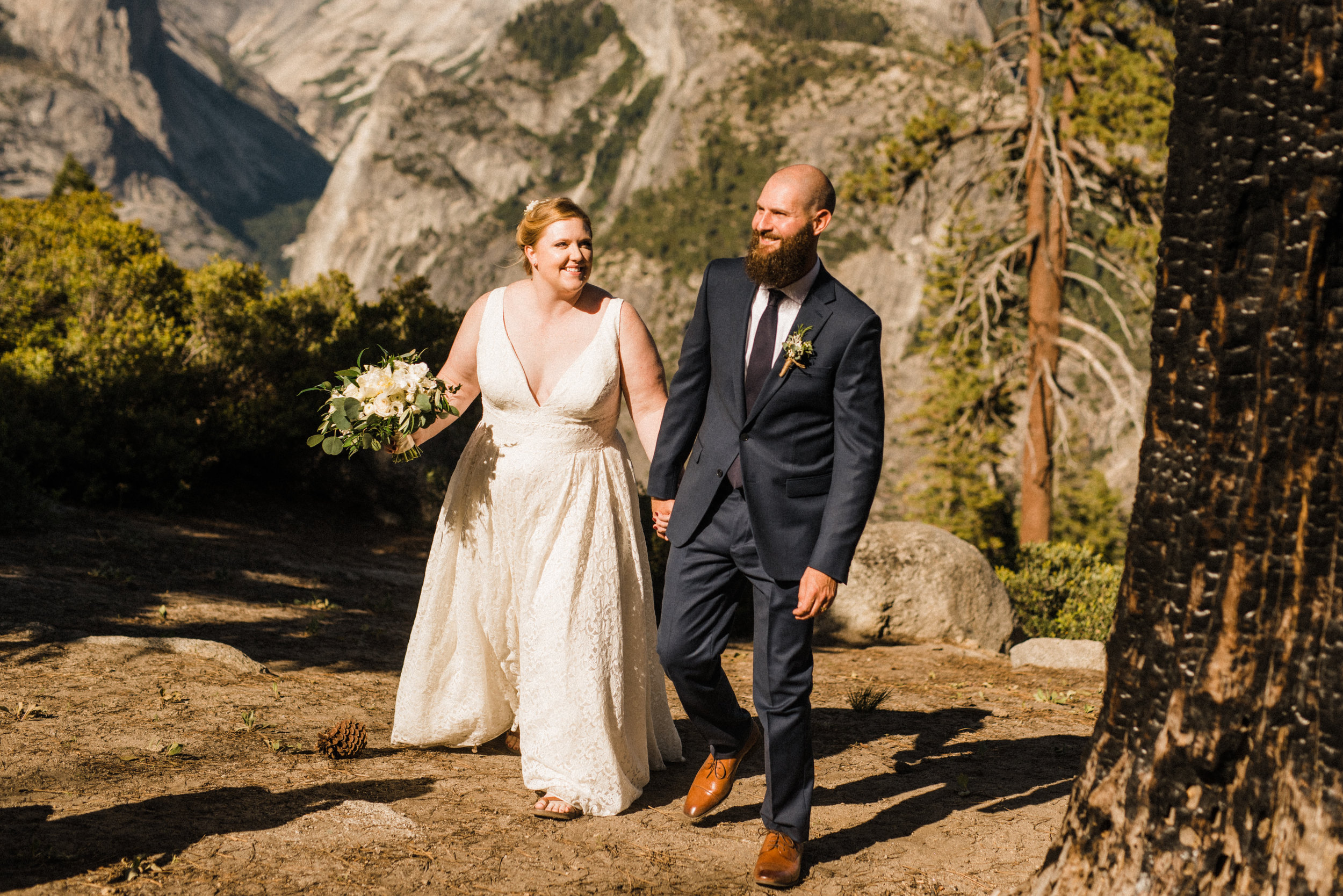 Bride and Groom walking at Yosemite National Park