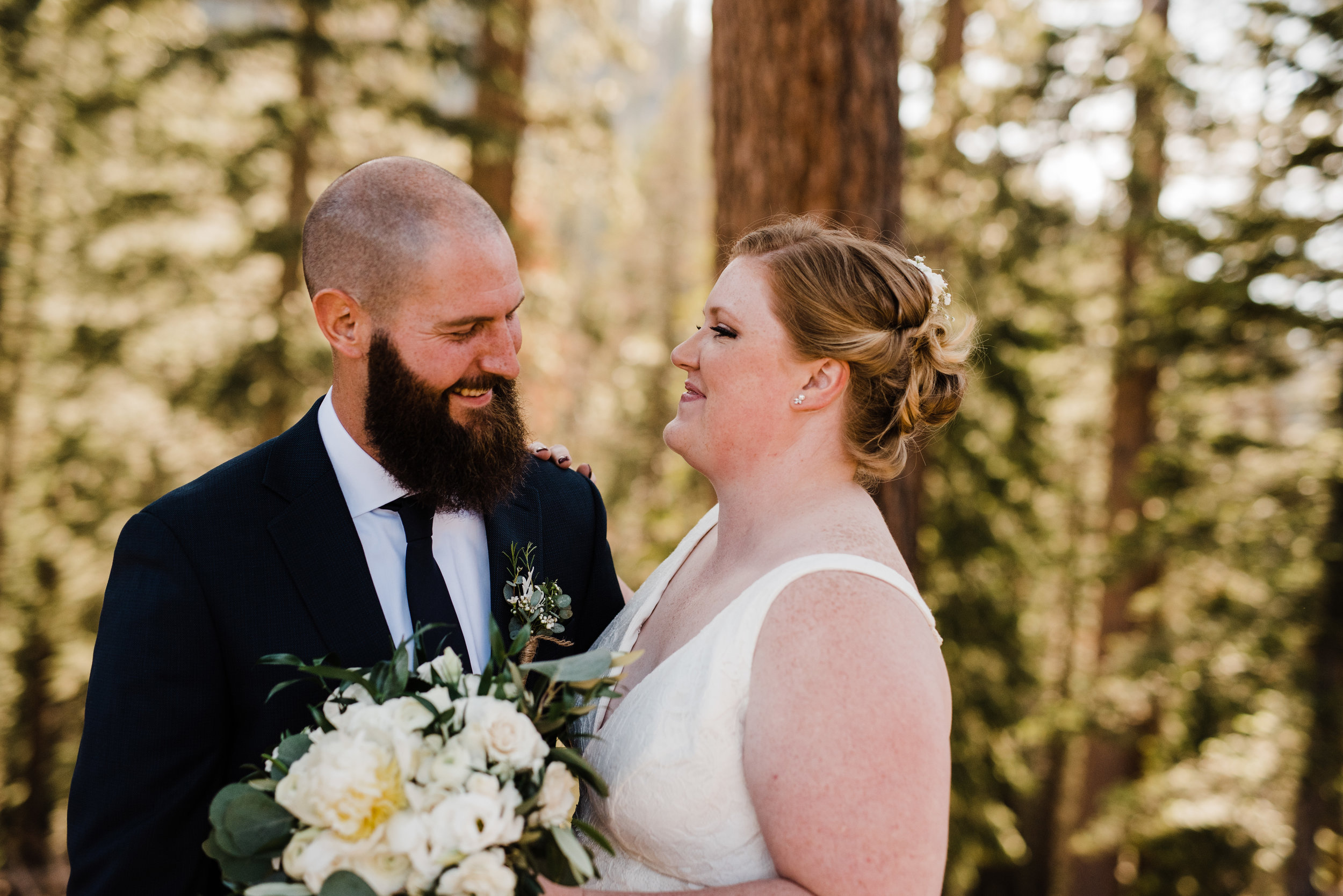 Summer Bride and Groom at Yosemite National Park with Classic, Romantic Color Scheme