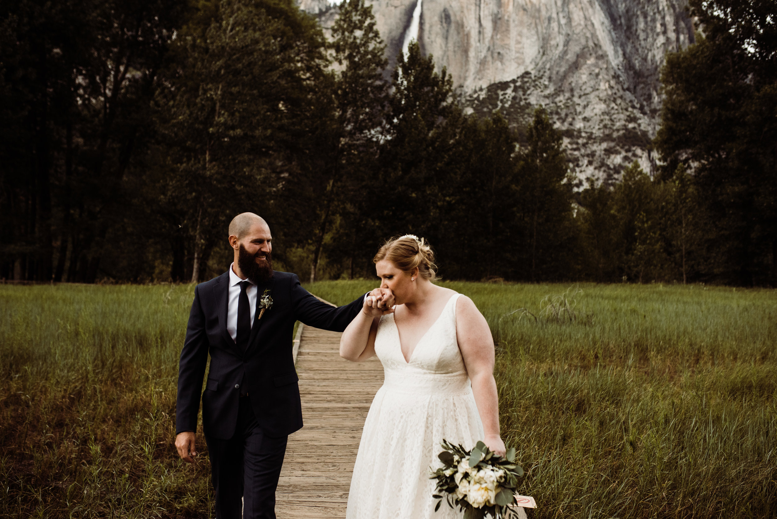 Romantic moment with bride and groom in Yosemite Valley