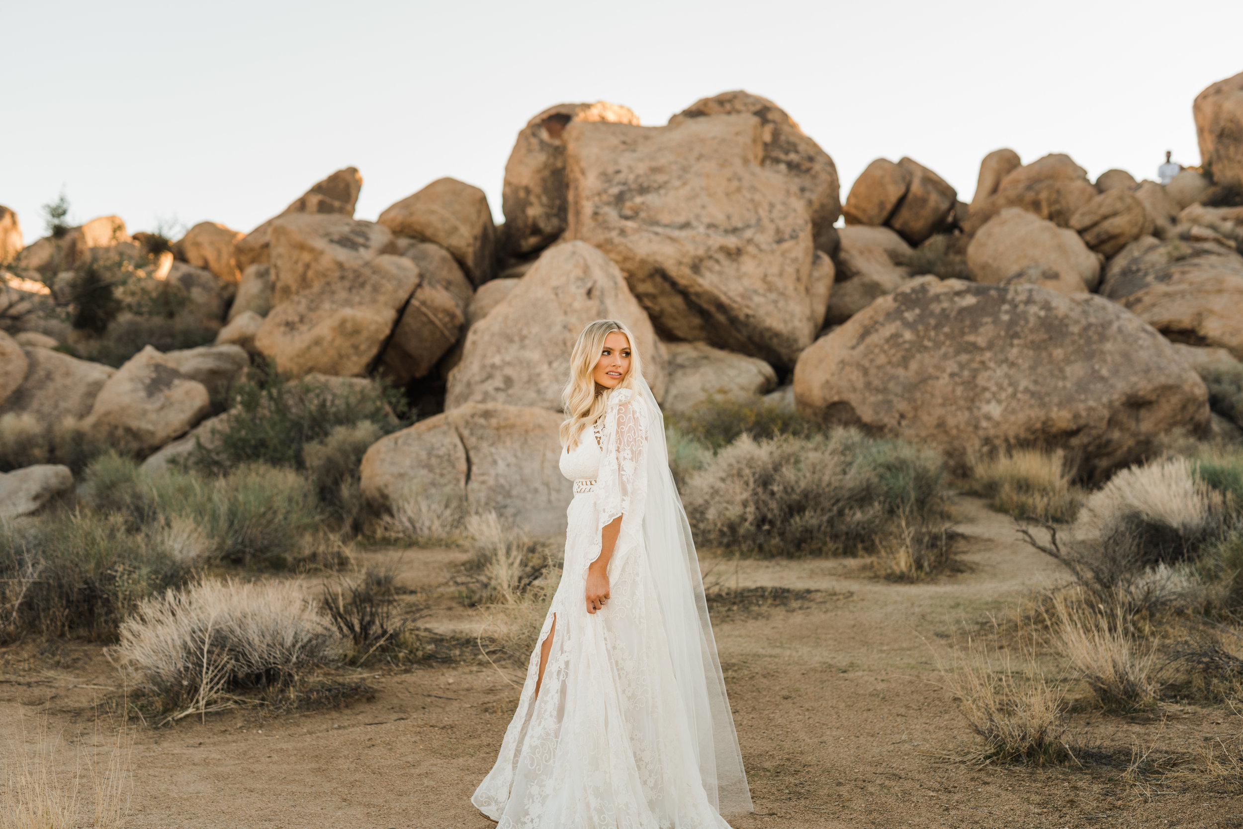 Elopement bride with veil in Rue De Seine dress at Joshua Tree National Park