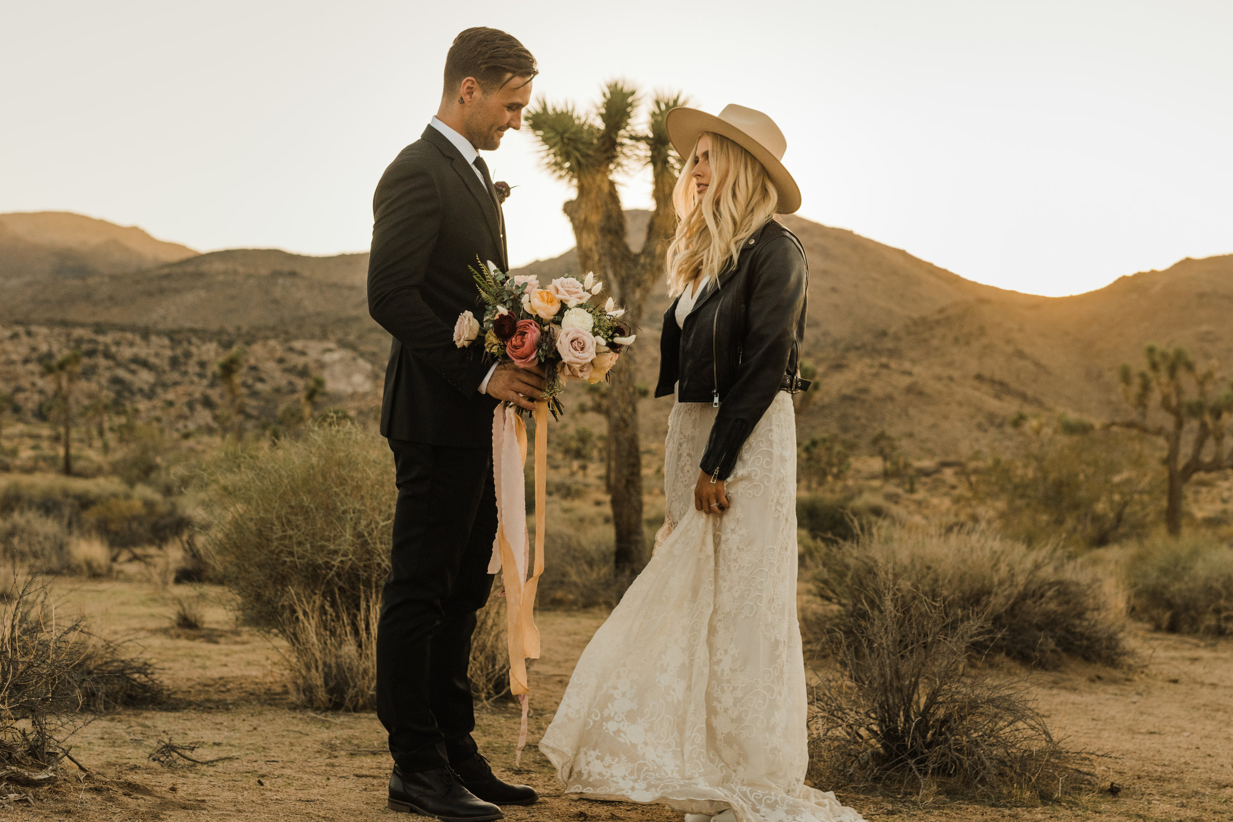 Joshua Tree Desert Elopment with Bride in leather jacket and Rue De Seine dress