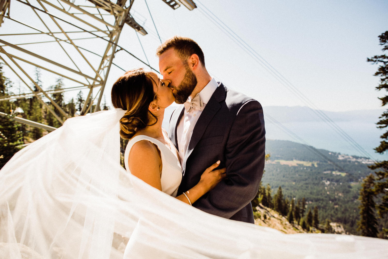 Bride and Groom with long veil at South Lake Tahoe, CA