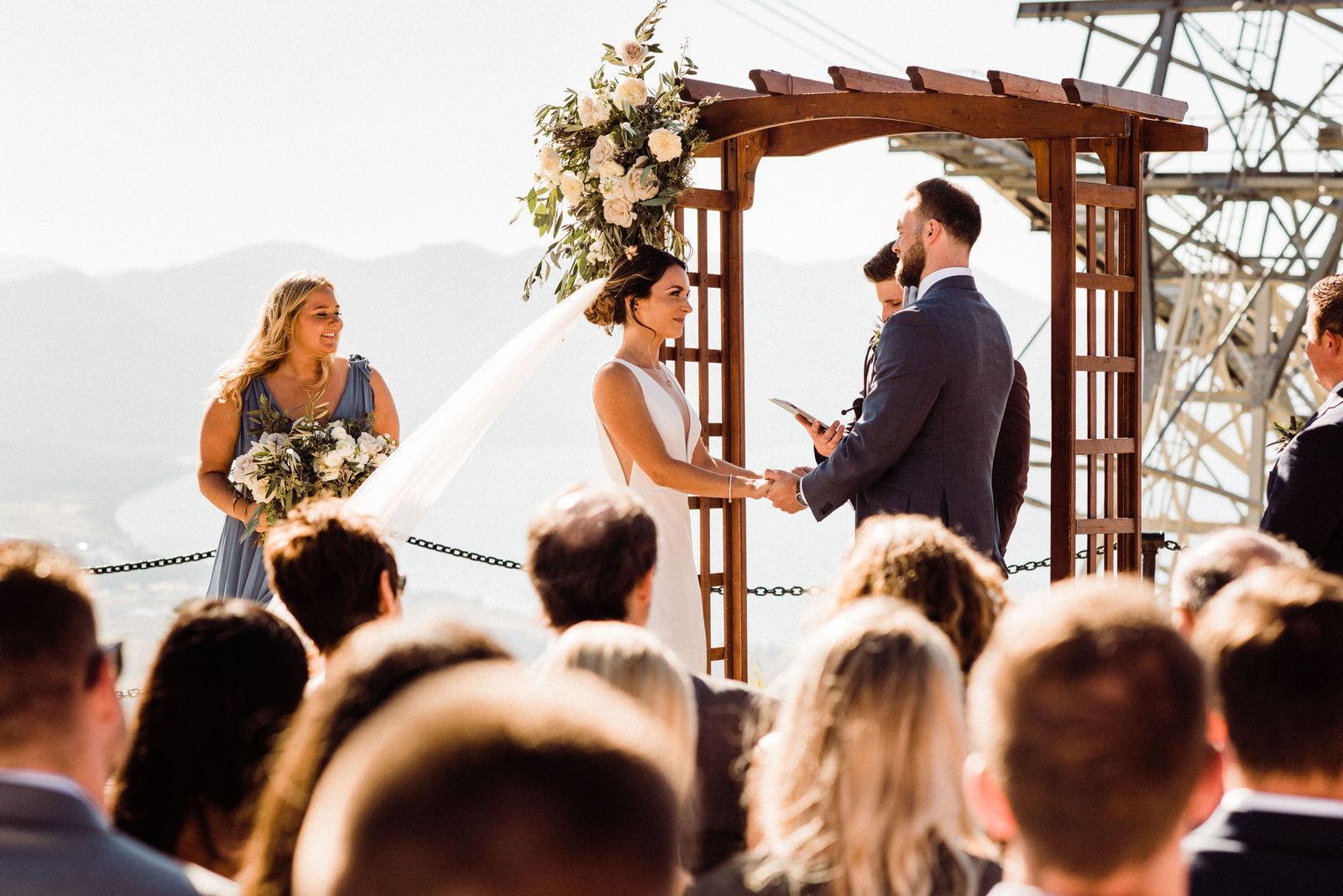 Intimate Wedding at South Lake Tahoe with blue bridesmaid dress and long veil at South Lake Tahoe