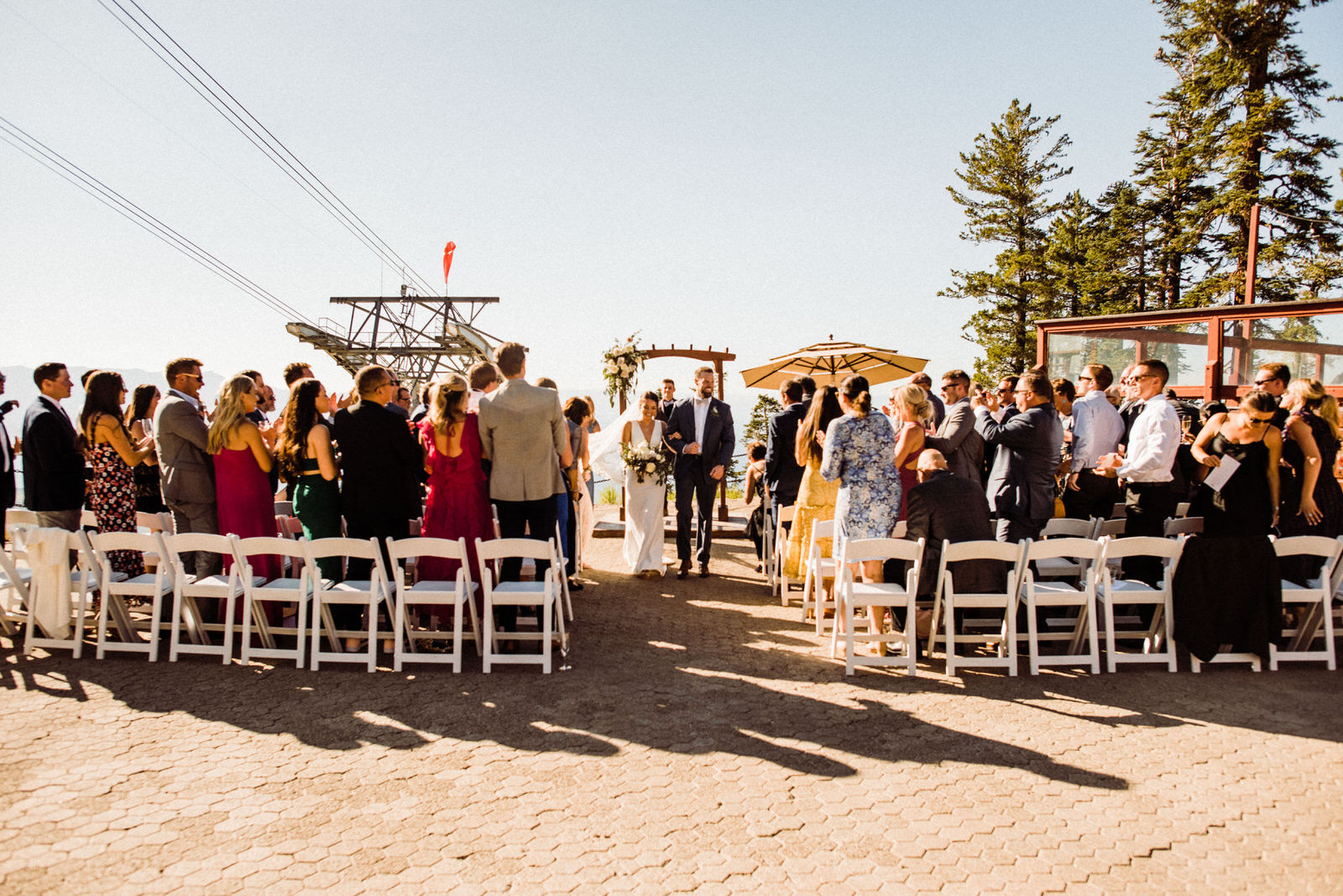 Bride and groom recessional at intimate south lake tahoe summer wedding ceremony at heavenly lodge